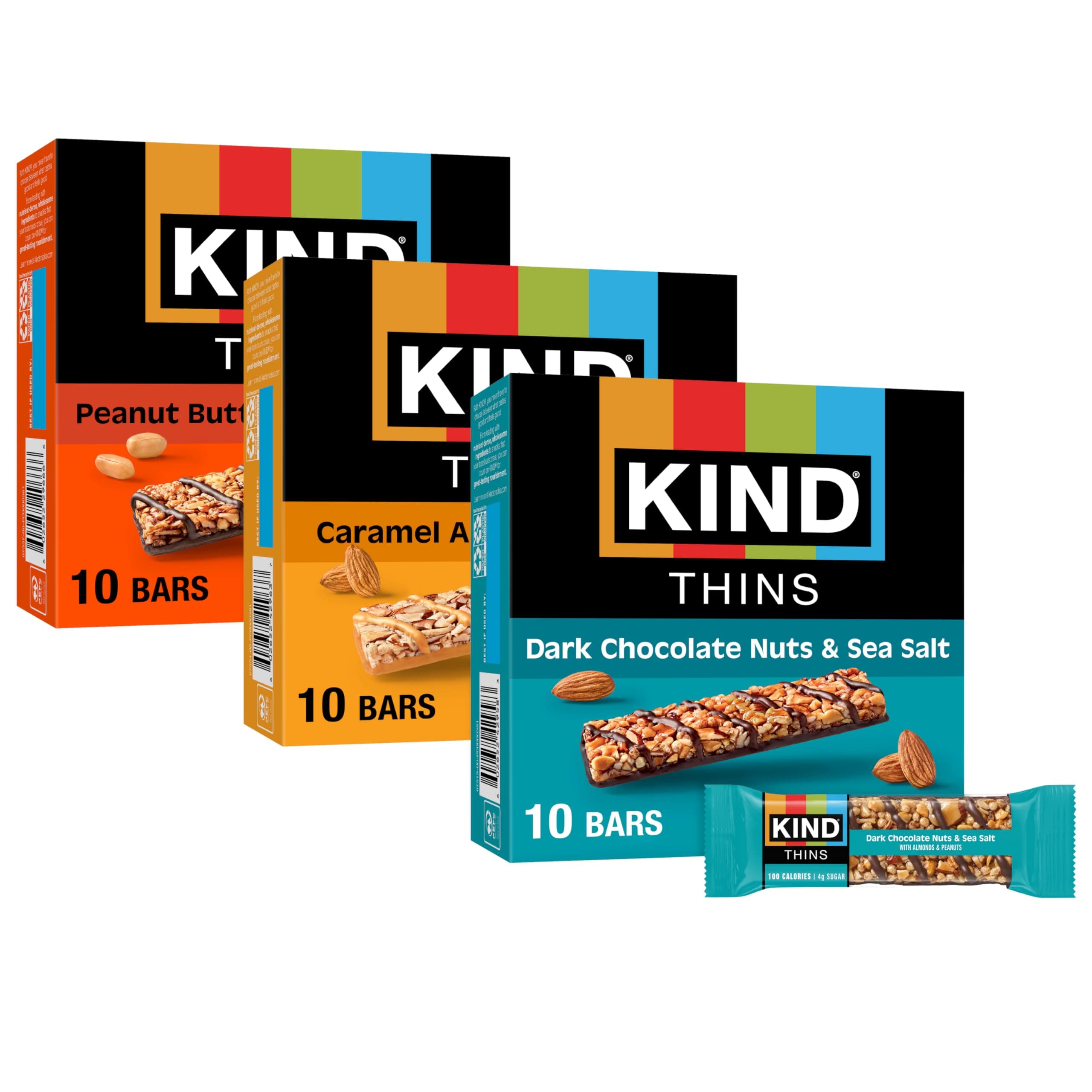 KIND Thins Snack Bars Variety Pack, Gluten Free, Low Calorie, Healthy Snacks, Dark Chocolate Nuts & Sea Salt, Caramel Almond & Sea Salt, Peanut Butter Dark Chocolate, 4g Sugar, 30 Count | A light, 90-calorie morning snack with 4-5g sugar. These thin, crunchy, non-GMO, gluten-free nut bars include 30 per pack.