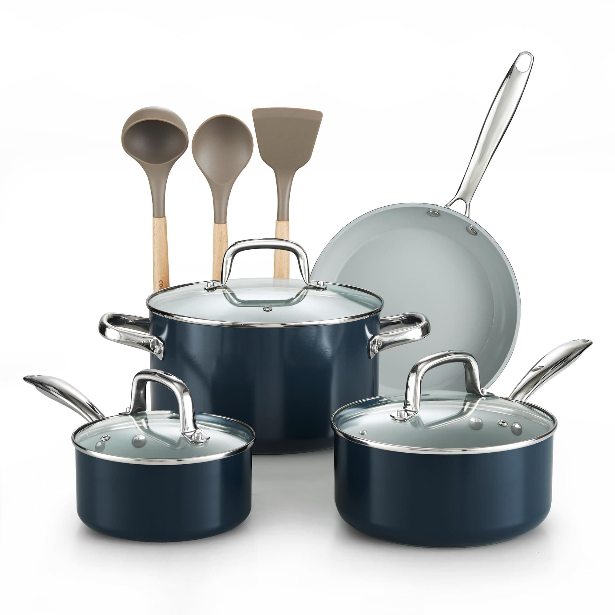 Cook N Home Classic Nonstick Cookware Set, Pots and Pans Cookware Set with Glass Lids and Comfortable Handles, Induction Compatible, 10-Piece, Blue