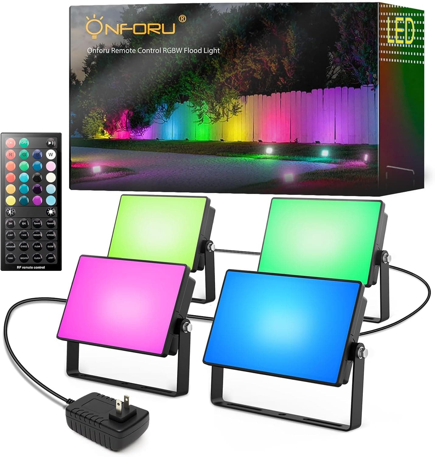 Onforu RGBW Flood Lights Outdoor with Remote, 4 Units in 1 Cord, Plug in | DIY color changing, 7-level dimming, adjustable speed, timer, memory, IP65, warm white uplights for events, Halloween party