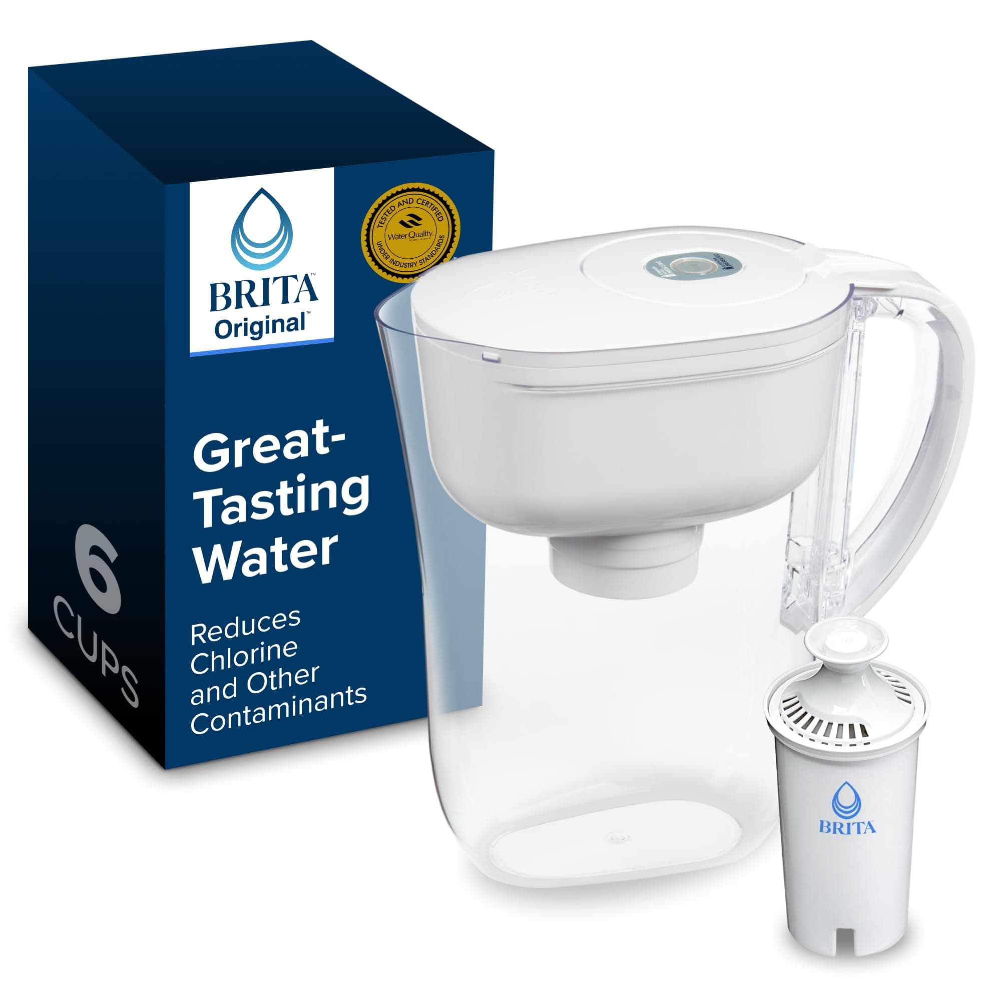 Brita Small 6-Cup Water Filter Pitcher, Includes 1 Filter, White | WQA and NSF/ANSI Certified, Reduces Chlorine, Copper, Mercury & Cadmium, Lasts 2 Months, Household Essential