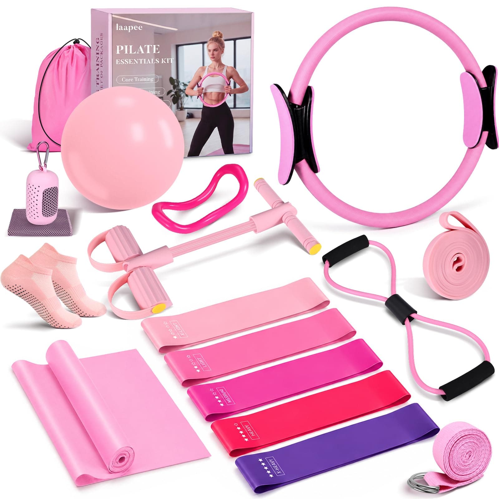 Pilates Essentials Kit for Women 15 Pcs Pilates Set for Home Workouts | Pilates Equipment with Yoga Circle Ball Ring, 5 Resistance Bands,Pedal Puller Resistance Band,Anti Slip Socks for Starter Set