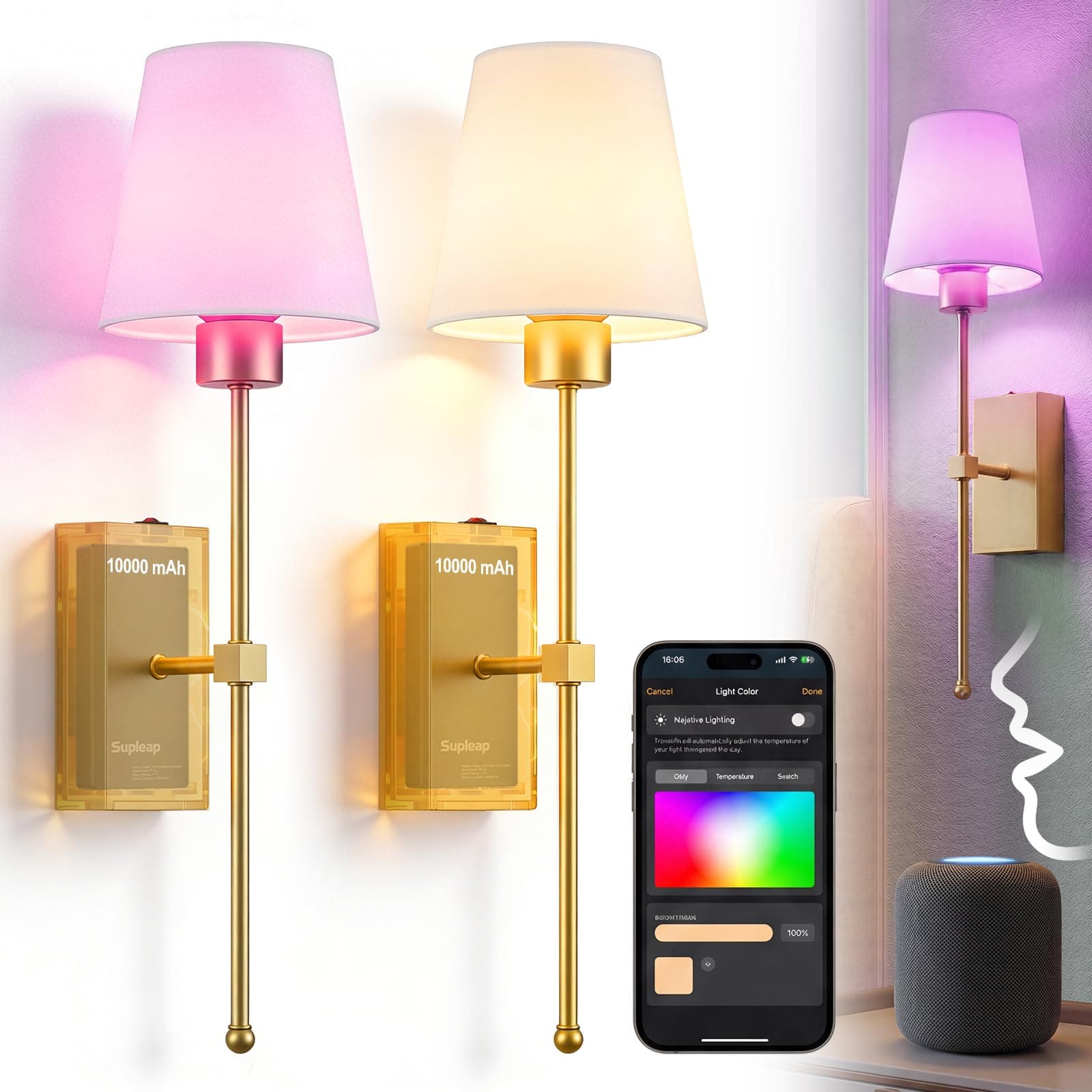 Supleap Battery Operated Wall Sconces Set of 2, Matter Smart Wall Lights | Requires Matter Hub, 66H Rechargeable, RGB Dimmable, Works with Alexa Apple & Google Home, No Wiring
