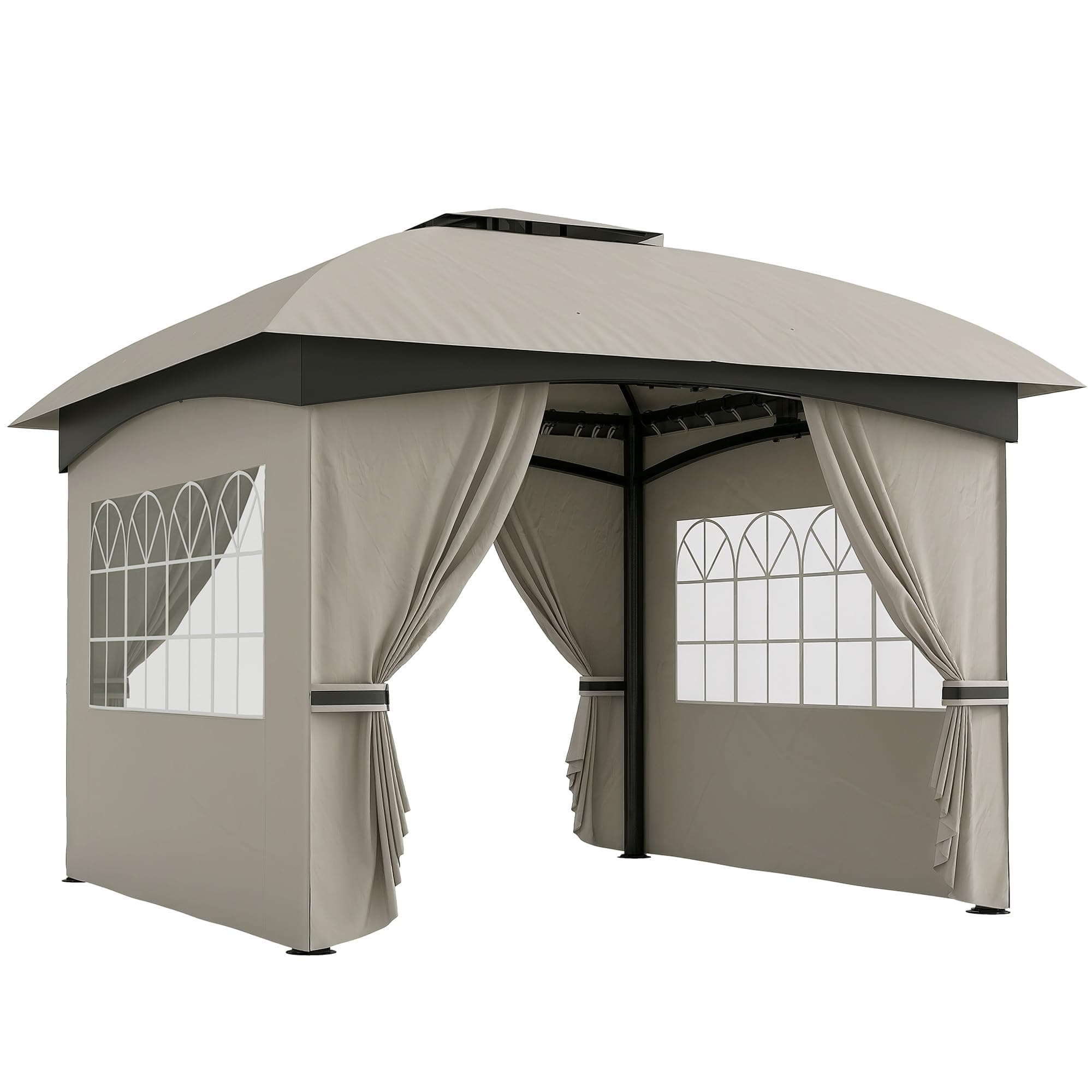 Outsunny 11' x 11' Outdoor Gazebo UV Protected with Curtains Light Gray | Arc Patio Gazebo Canopy Shelter, Church Windows, Double Roof, Galvanized Steel Frame, for Lawn Backyard Deck