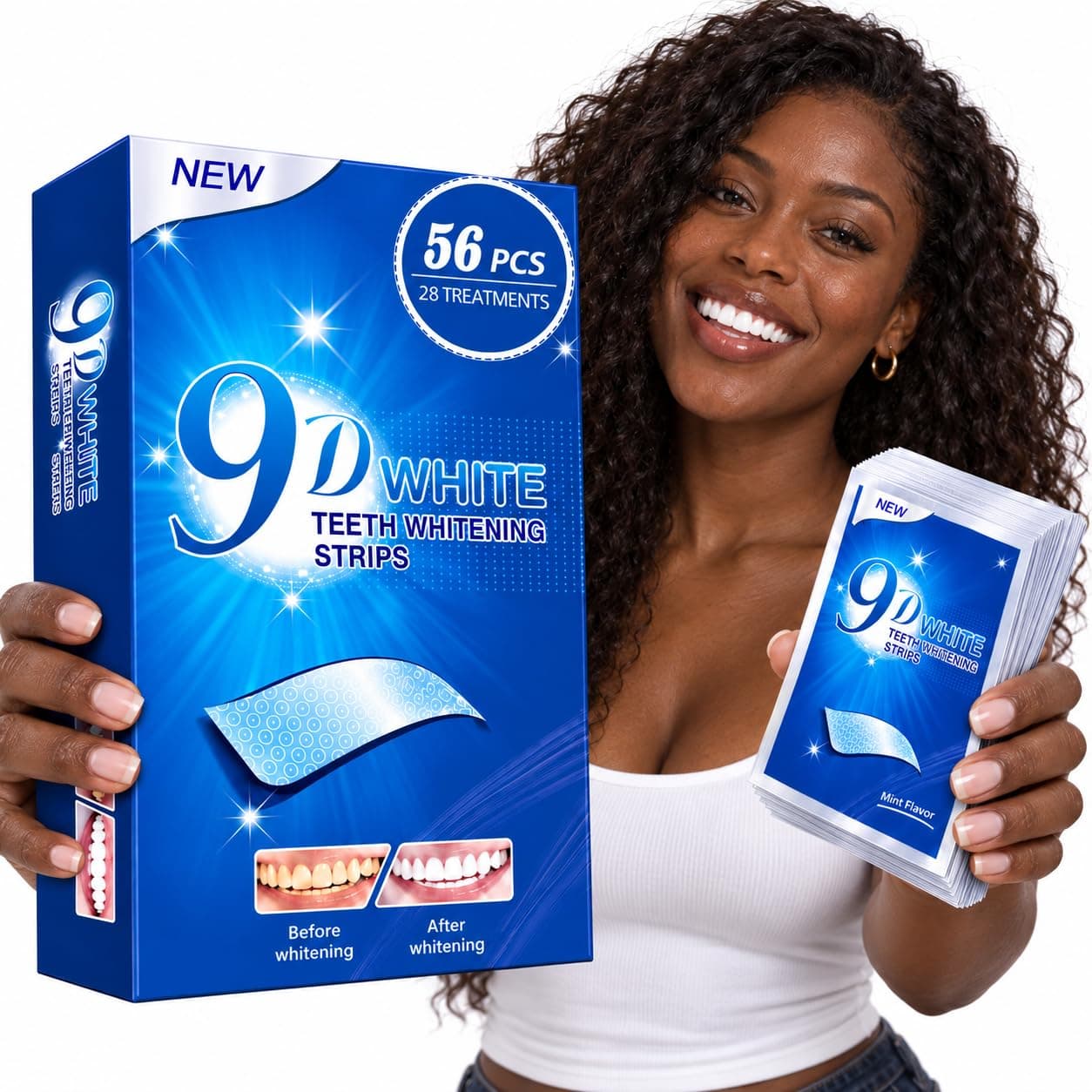 9D White Teeth Whitening Strips,Peroxide-Free Gentle Formula,56 Strips | Non-Slip Design, Gentle Enamel Care, Helps Reduce Coffee & Wine Stains