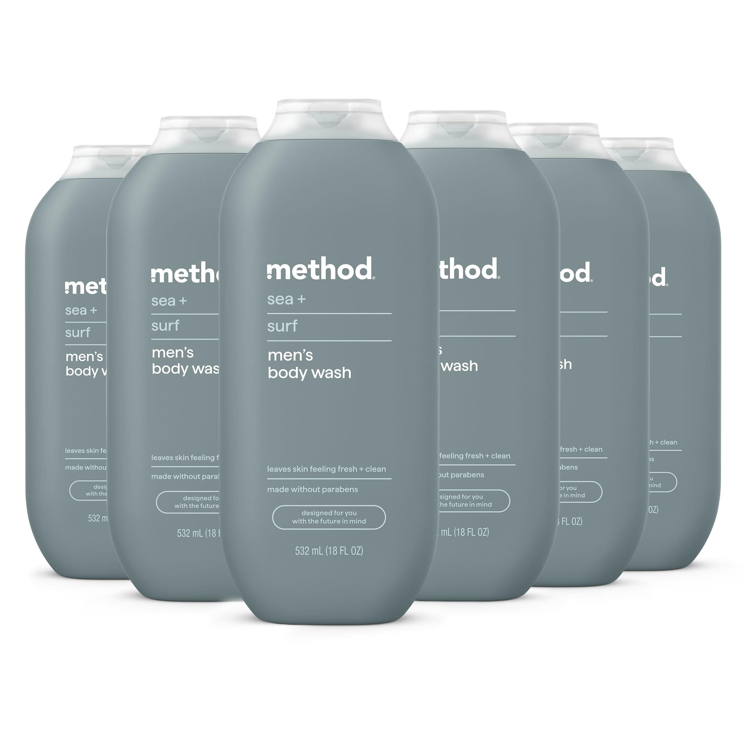 method Men’s Body Wash, Sea + Surf, 18 fl oz, 6 Pack | Soothing Formula, Leaves Skin Feeling Soft & Moisturized, Rich Lather, Made Without Parabens