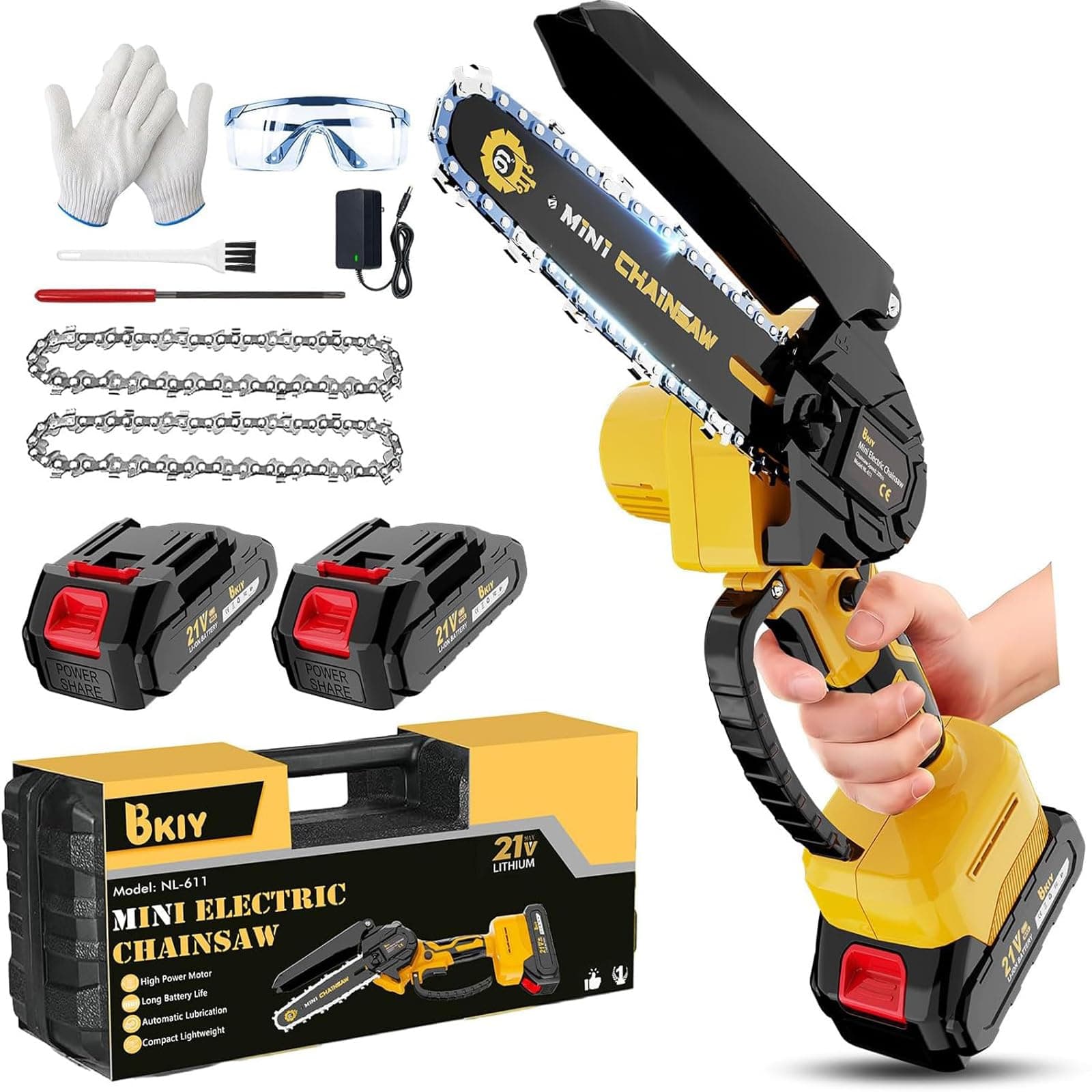 Mini Chainsaw Cordless 6 Inch – 21V Battery Powered Electric Pruning Saw, Lightweight Handheld Chainsaw for Tree Trimming Wood Cutting, Gifts for Men Dad, Yellow