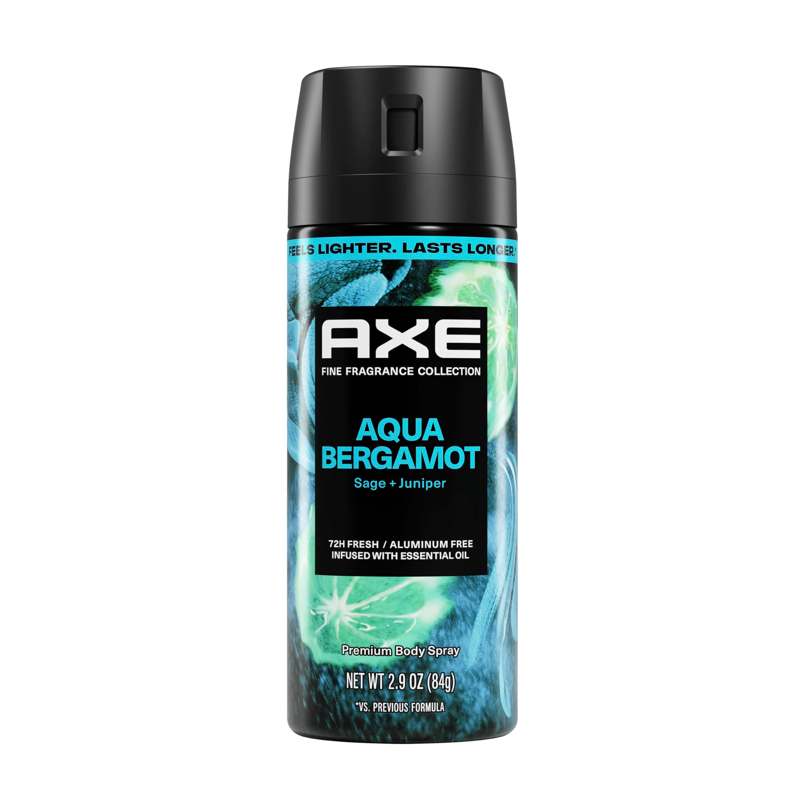 AXE Fine Fragrance Collection Body Spray Aqua Bergamot 72 Hour Freshness Aluminum Free 2.9 oz