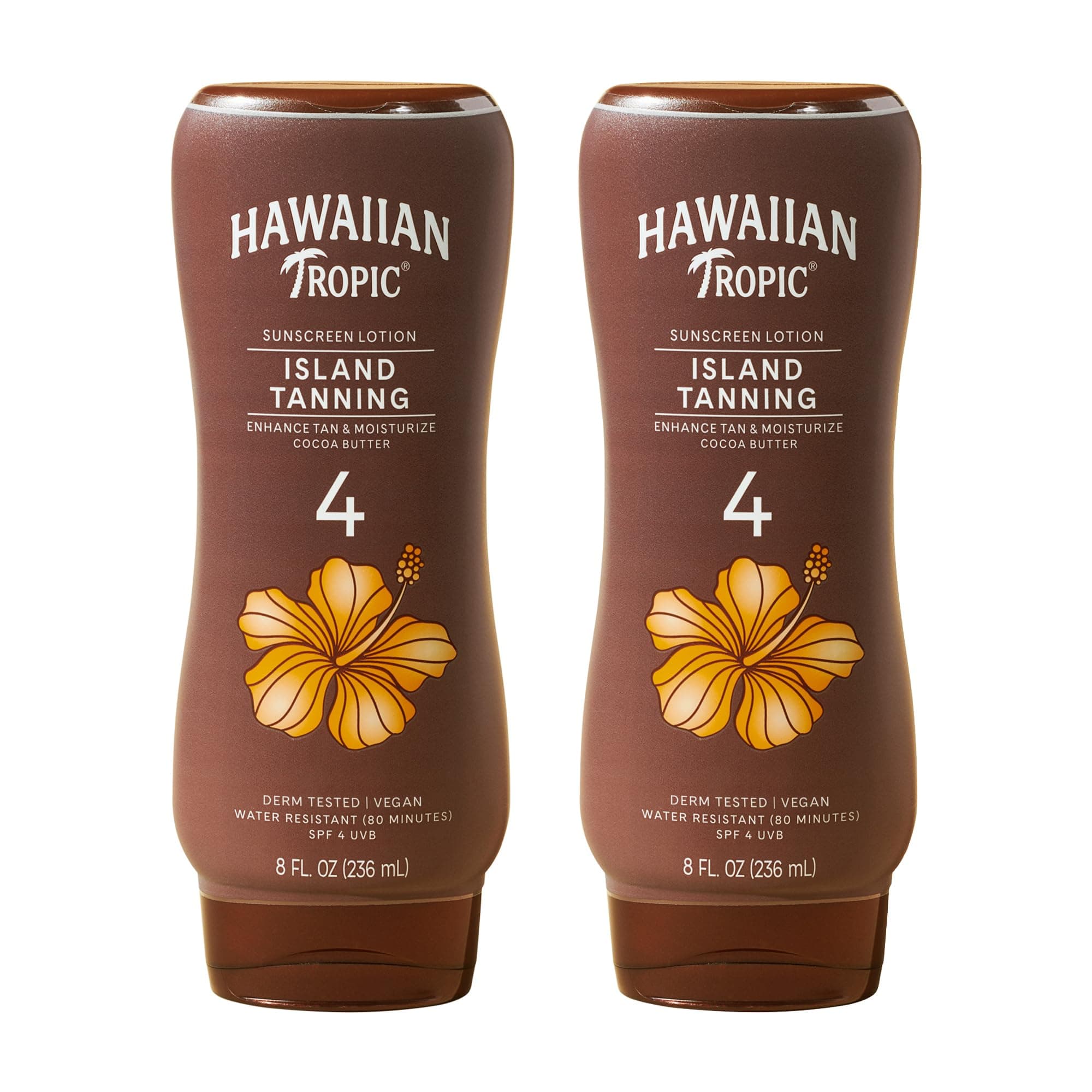 Hawaiian Tropic Island Tanning Lotion, SPF 4, 8 Fl Oz (2 Pack) | Luminous tanning sunscreen, Hydrating shea and cocoa butters, Fast-absorbing texture, Iconic tropical scent, Vegan