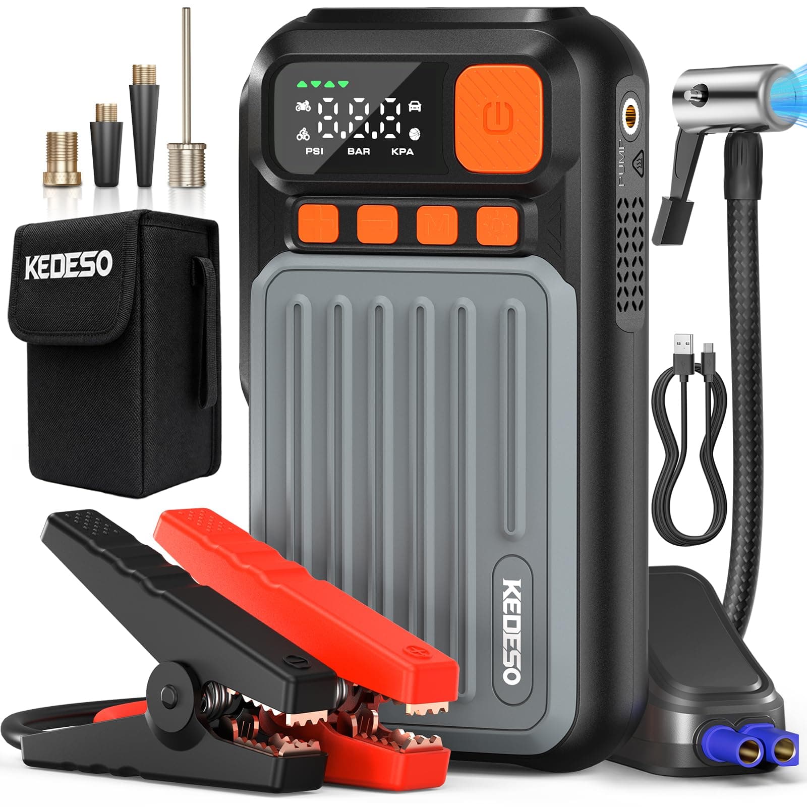KEDESO 12V Car Battery Jump Starter with 160PSI Air Compressor, Jump Box | Portable 12V 1000A battery booster for 6.0L gas/3.0L diesel, 160PSI auto-shutoff tire inflator, spark-proof safety, LED light