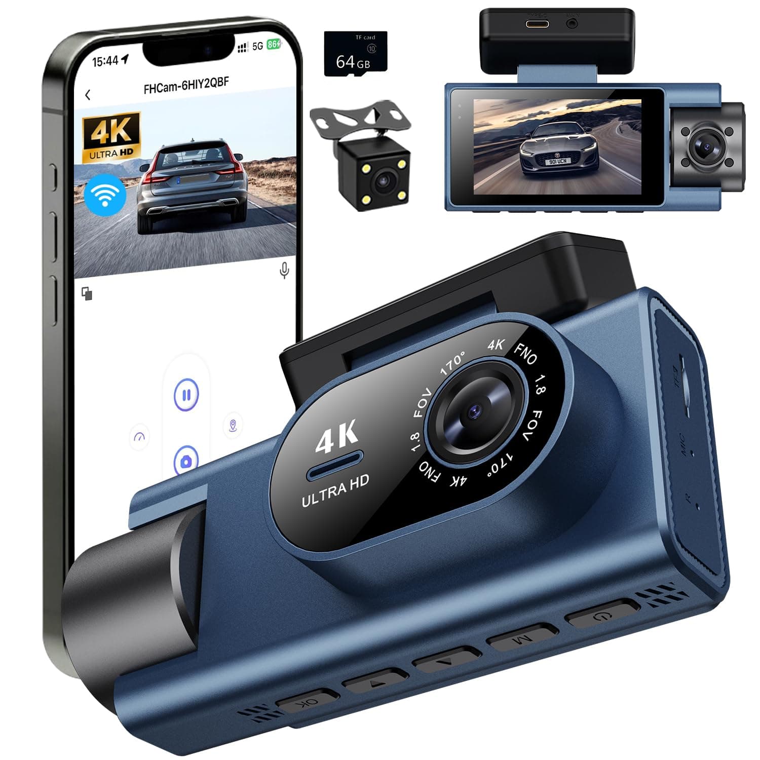 Dash Cam Front Rear Inside, 4K Full HD Dash Camera for Cars, Included 64GB Card, Built-in Wi-Fi, 3” IPS Screen, Night Vision, 170°Wide Angle,Loop Recording, APP Control (3Channel Dashcam+64G)