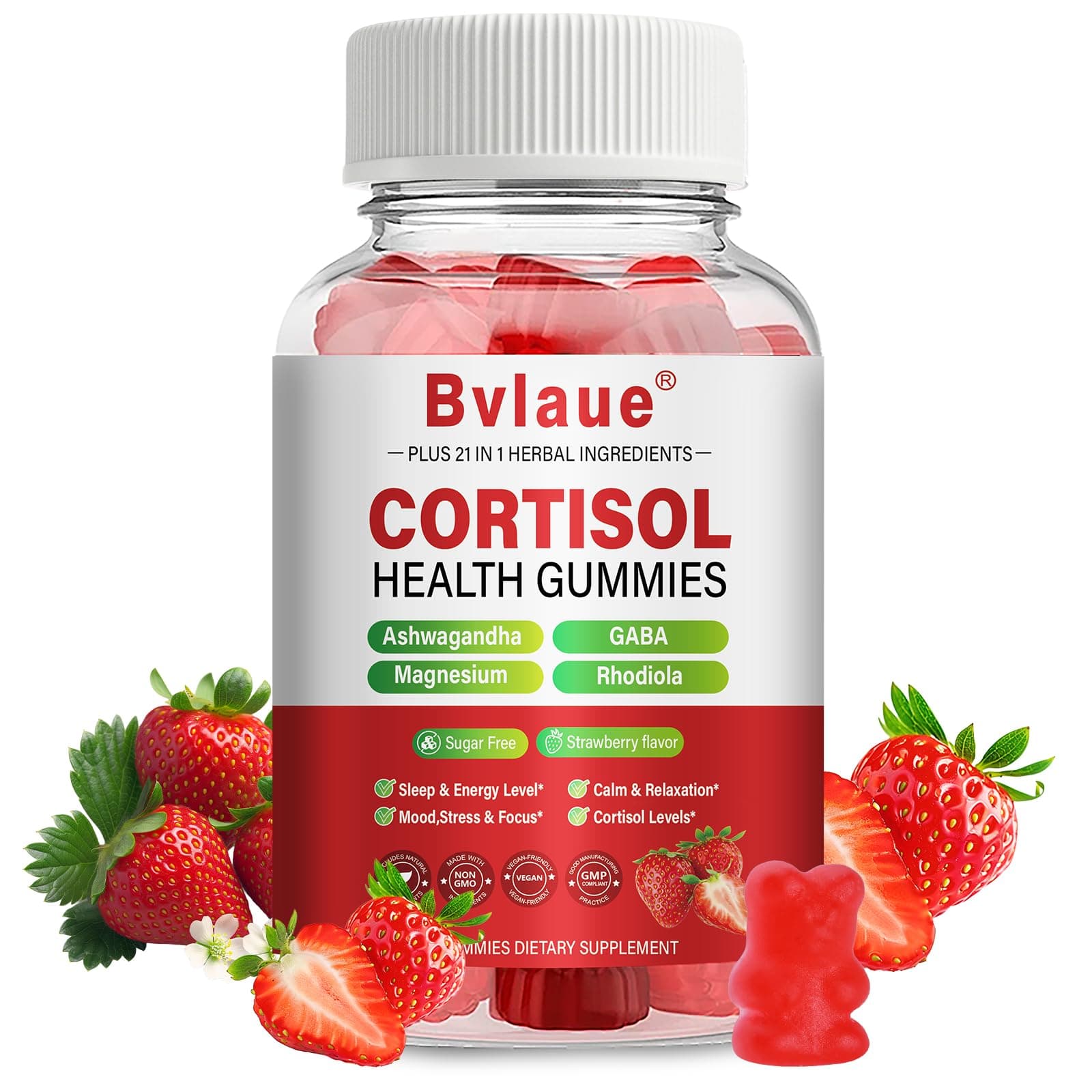 Bvlaue Cortisol Supplements for Women & Men - Cortisol Reducer Detox Manager with Ashwagandha/Magnesium/L-theanine/GABA/Vitamin B6 for Mood/Sleep/Stress Relief 90 CT Strawberry Flavor Gummies