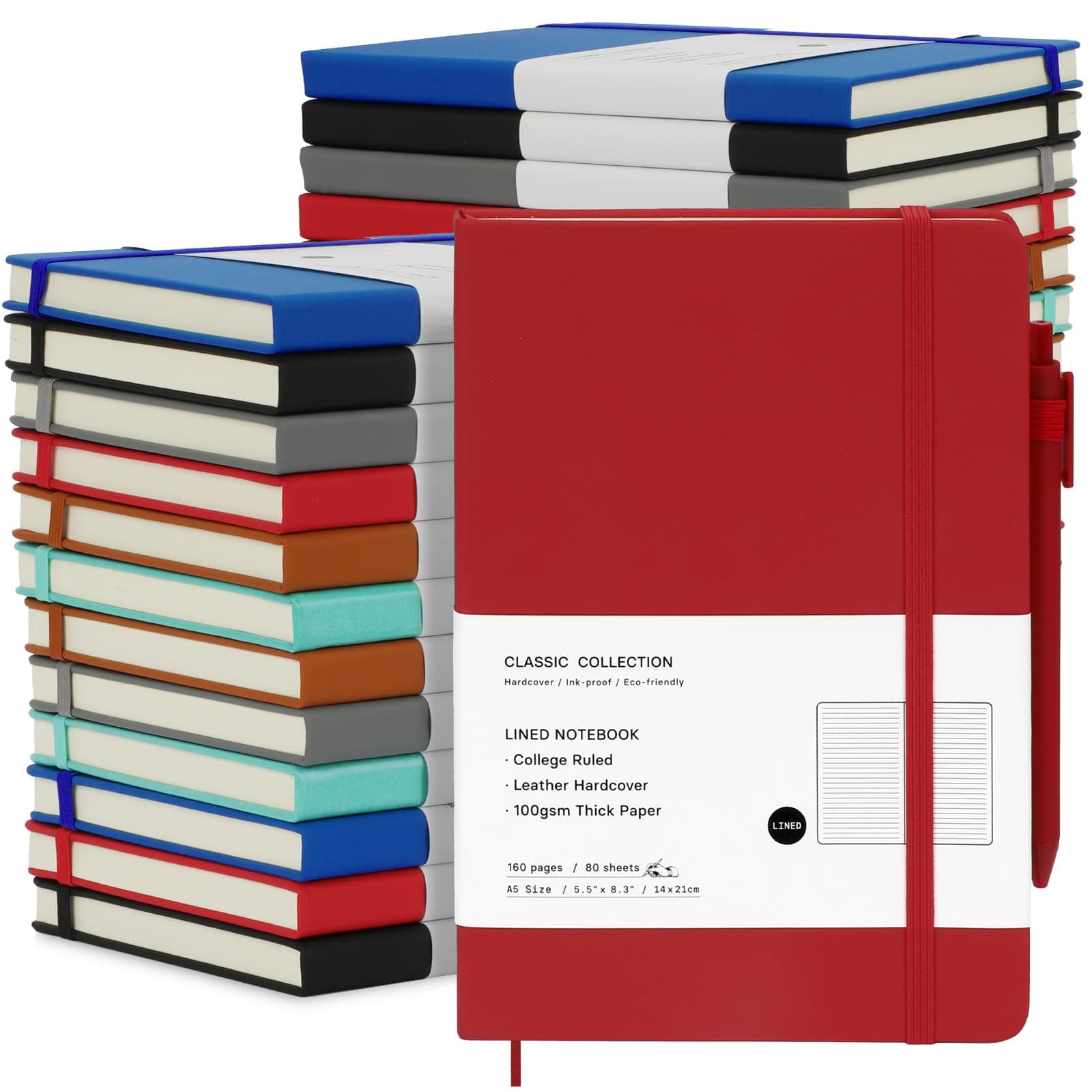 Coopay 24 Pack A5 Journal Notebook with 24 Pens Bulk Classic Ruled Hardcover Leather Journal Set with Pen Holder for Men Women Writing, Office, Home, School, College, Business, 8.3” x 5.5” (6 Colors)