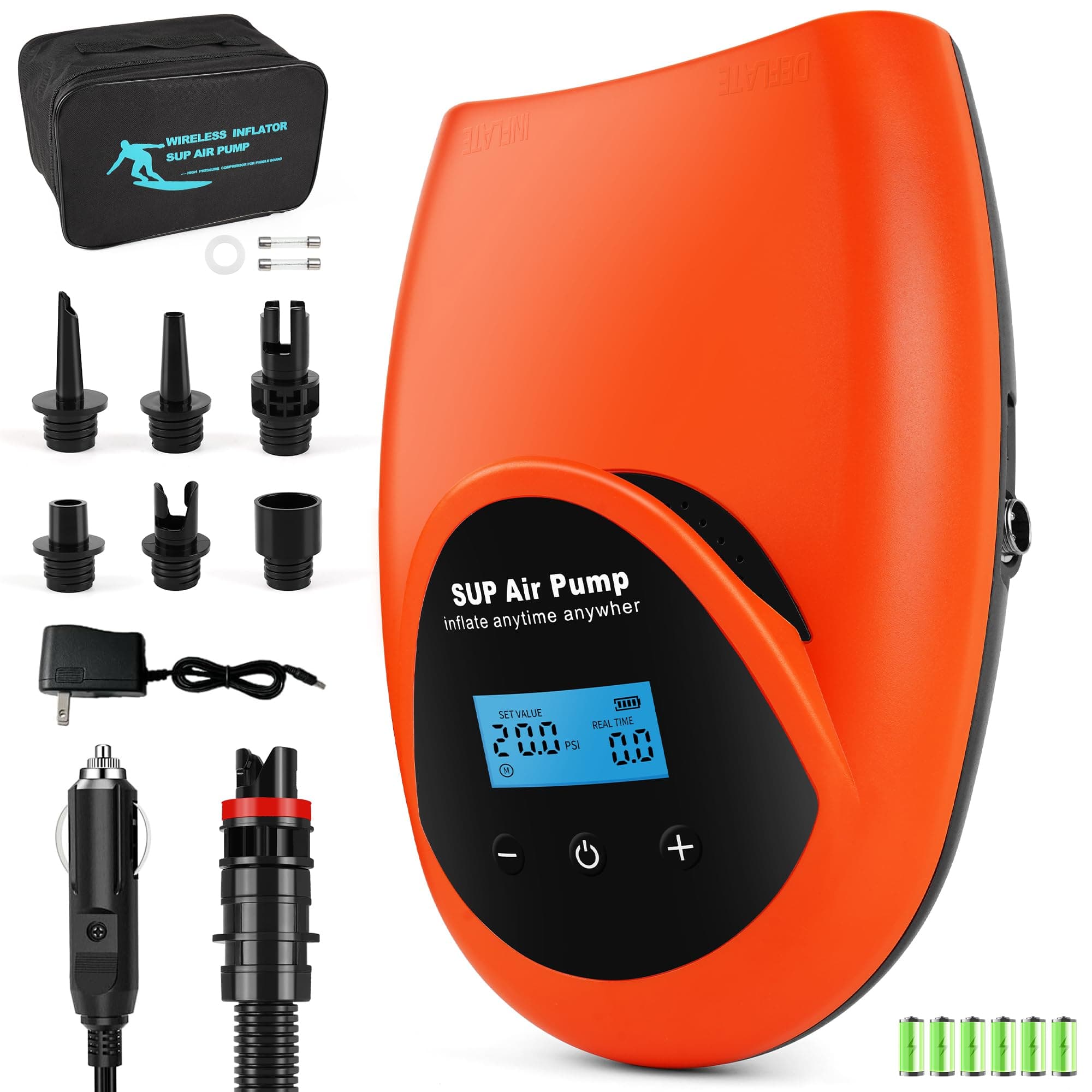 Tonsim Rechargeable Paddle Board Electric Pump, 20 PSI SUP Pump with 4 Preset Modes, Dual-Stage Inflation & Deflation, 12V DC Car Connector, Auto Shut-Off for Paddle Boards, Kayaks and Tents
