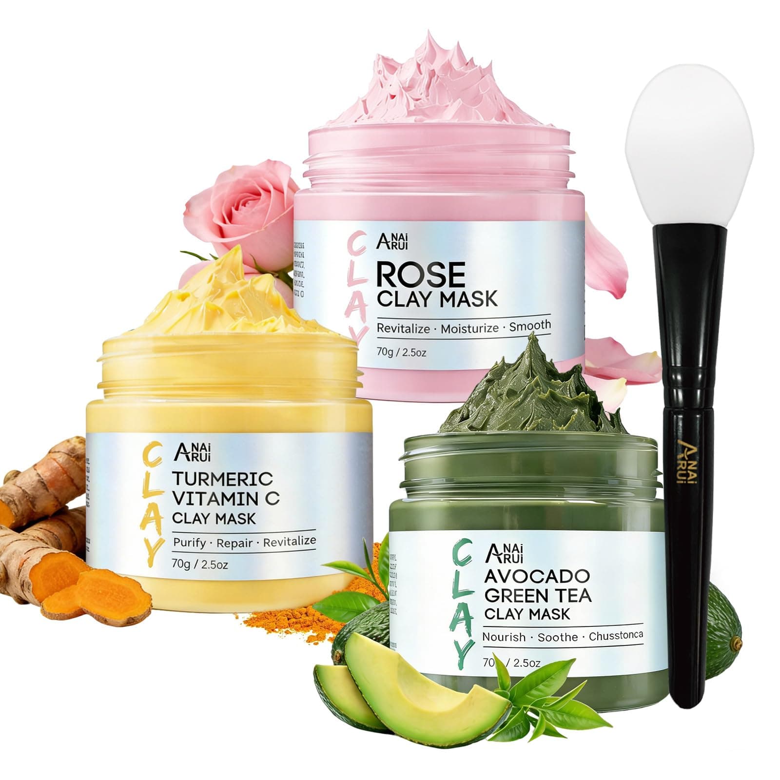 ANAI RUI 3 Pack Clay Mask Set, Rose,Turmeric, Avocado 2.5 oz Each | Rose for Smooth Skin, Turmeric for Glow, Avocado for Oil Control, Weekly Spa Self-Care for Women Teens