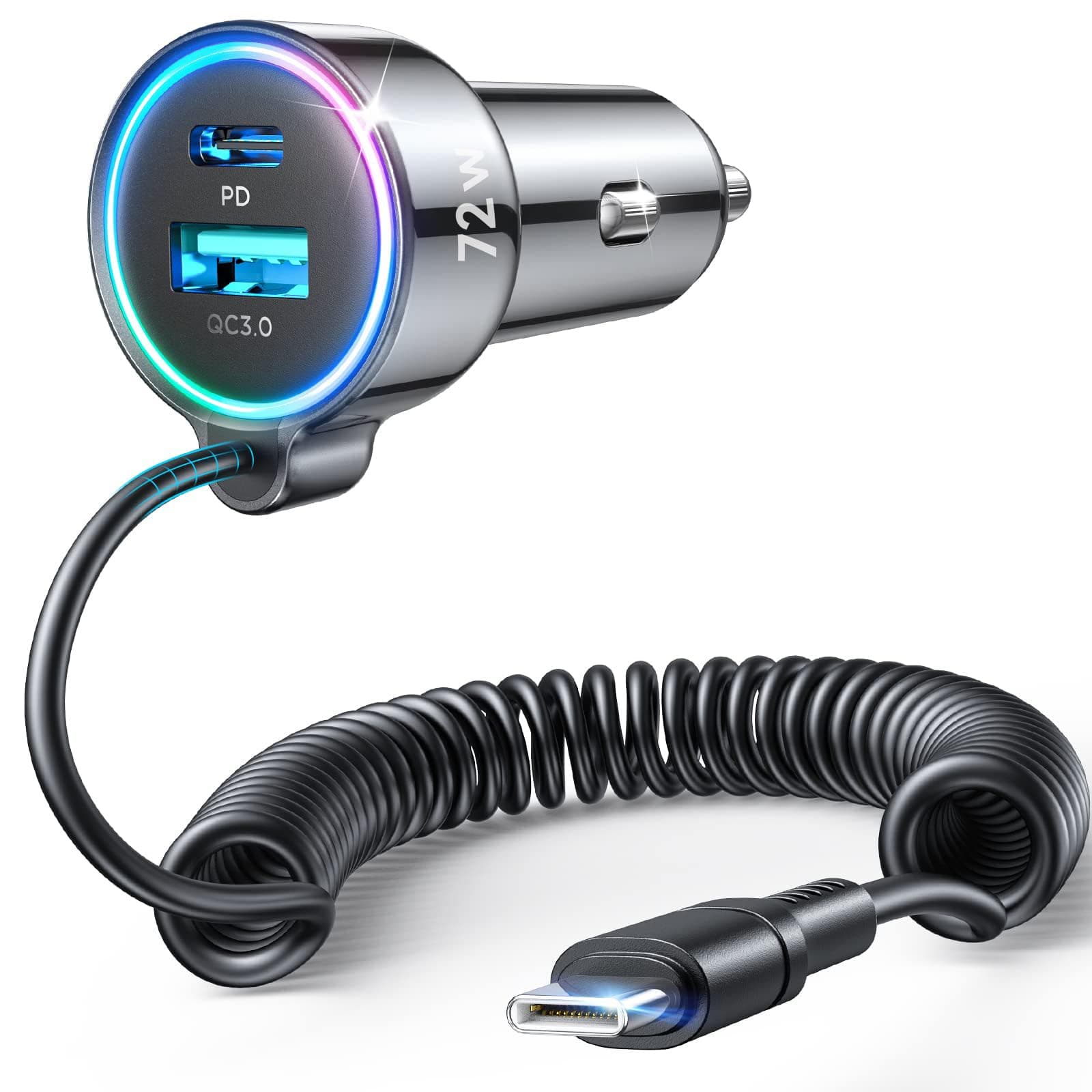 FLYLEAD 72W Car Charger USB C Fast Charge, PD36W for iPhone 17/16 Pro Max | 3-Port PD&QC3.0, 5ft Type C Coiled Cable, Super Fast Cigarette Lighter Adapter for Samsung S26/S25/S24, Pixel Android, iPad