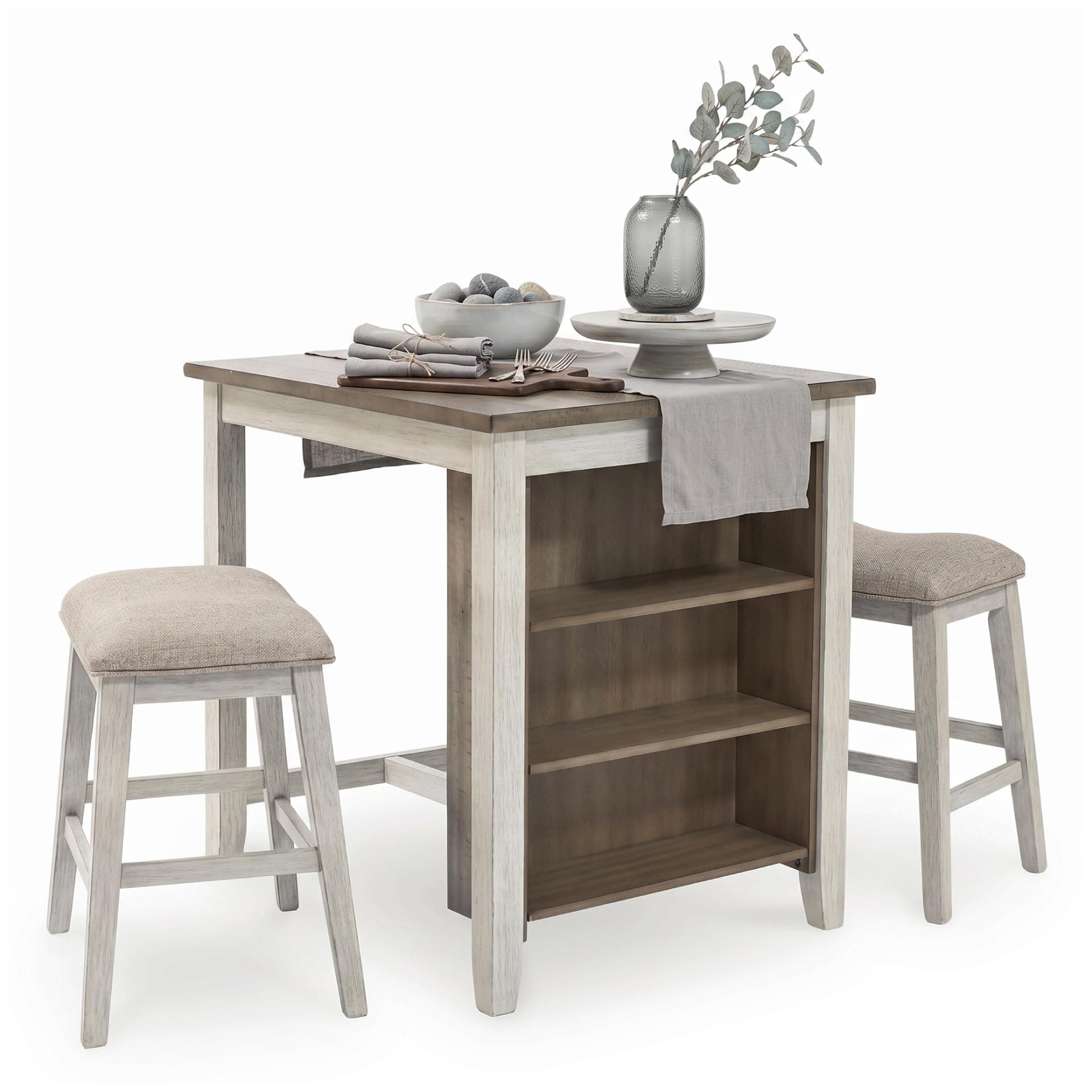 Signature Design by Ashley Skempton 3-Piece Counter Height Dining Table Set | Two-tone acacia wood set, 3 built-in open shelves, 2 upholstered saddle stools, Space-saving tuck-away design, Dining room