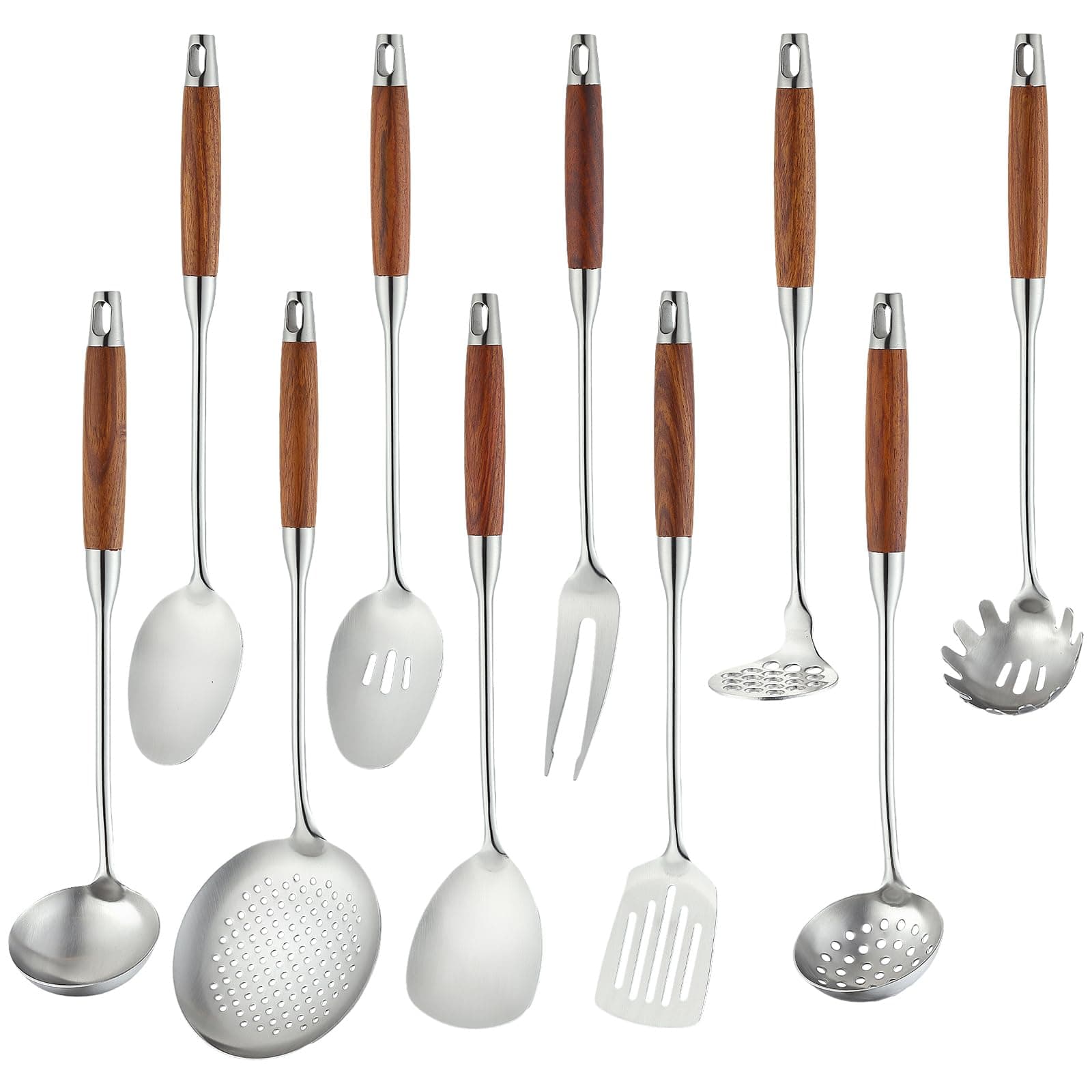 Izurok 18/10 Stainless Steel Kitchen Utensils Set,10 Piece Cooking Utensils With Wood Handle,Heat Resistant Kitchen Tool Set With Spatula,Spoon,Ladle,Skimmer,Slotted Turners,Pasta,Turner,Ladl,Fork