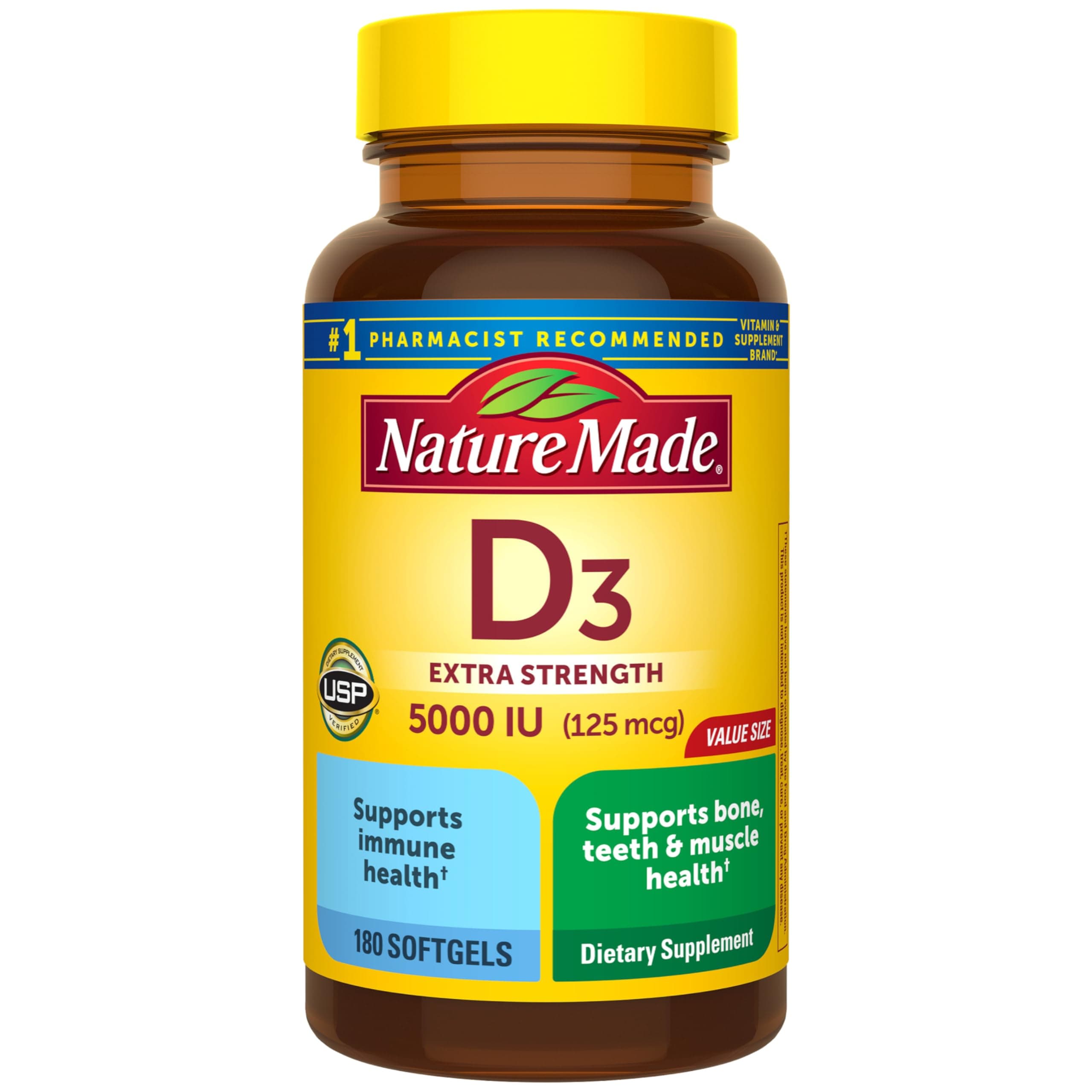 Nature Made Vitamin D3 5000 IU (125 mcg), 180 Vitamin D Softgels | Extra Strength Vitamin D Supplement for Immune, Bone, Teeth and Muscle Health Support, 180 Day Supply