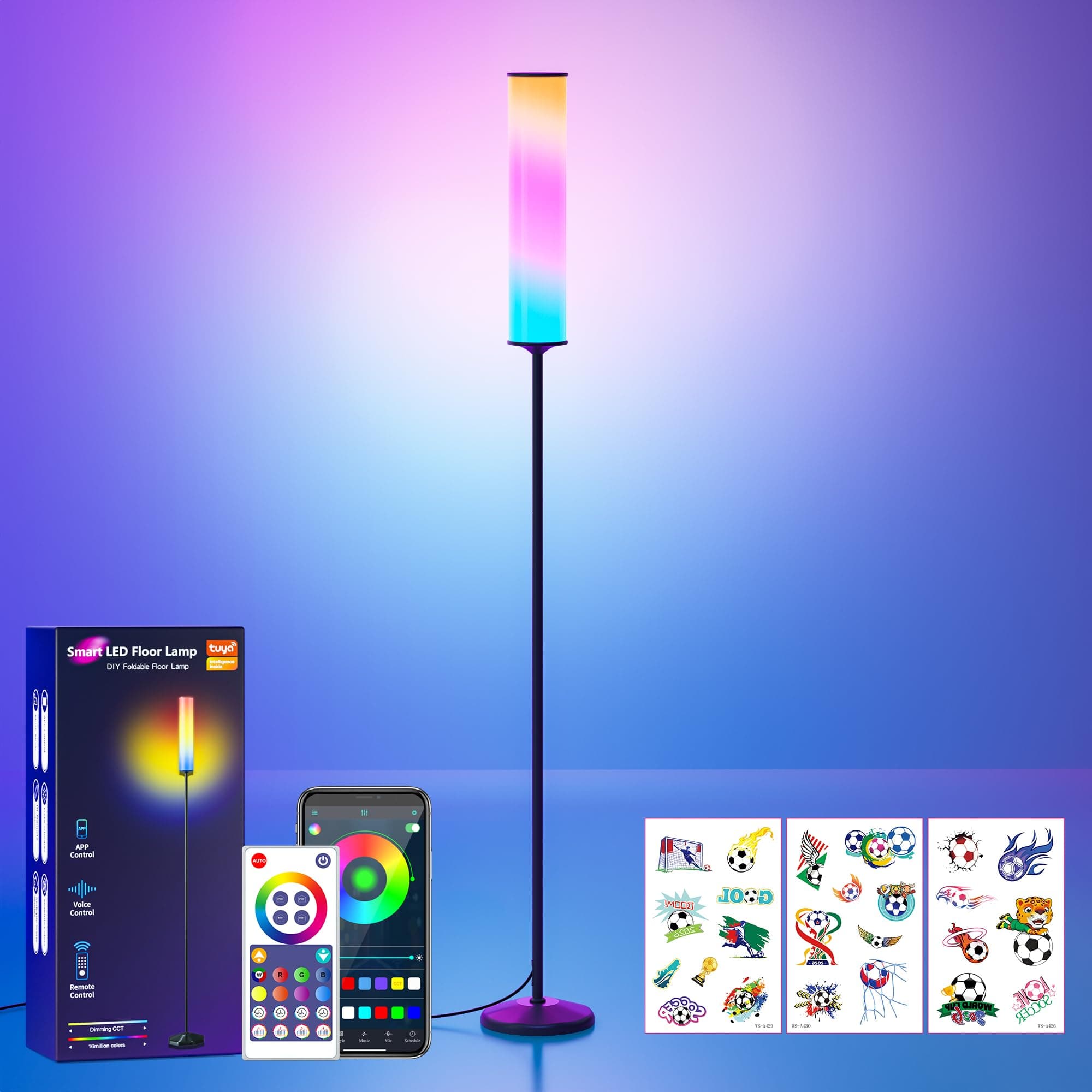 Lphianx RGB Cylinder Floor Lamp, 1500Lumen Smart Floor Lamps, DIY Mode, Music Sync, Compatible with Alexa, Google, and Apple, for Living Room, Bedroom, Gaming, with Three Stickers