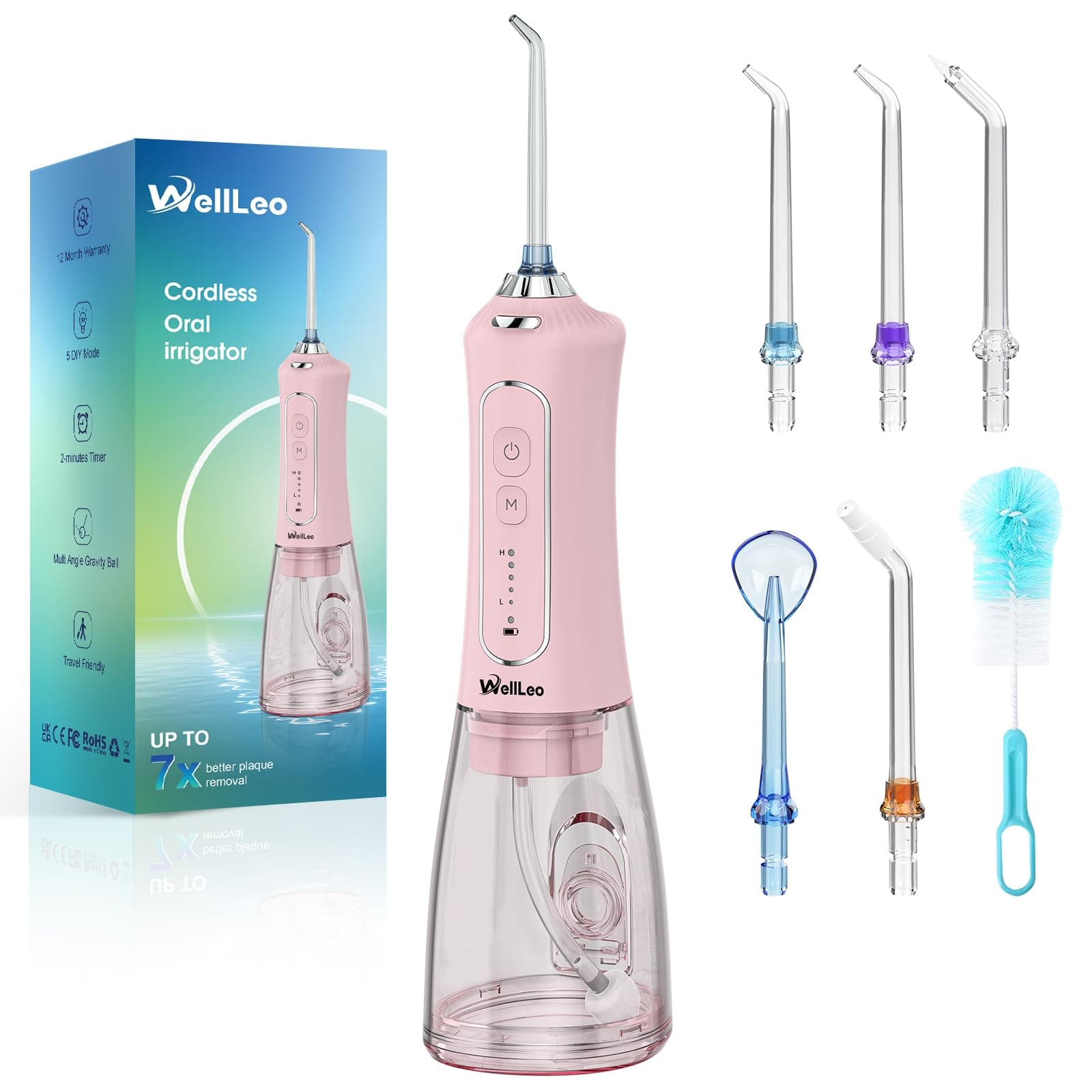 WellLeo Water Flossers for Teeth, 300ML Cordless Oral Irrigator Rechargeable Dental Flosser Picks with 5 Modes 5 Jet Tips,IPX7 Waterproof Teeth Cleaner for Braces Gum Care, Home Travel Use
