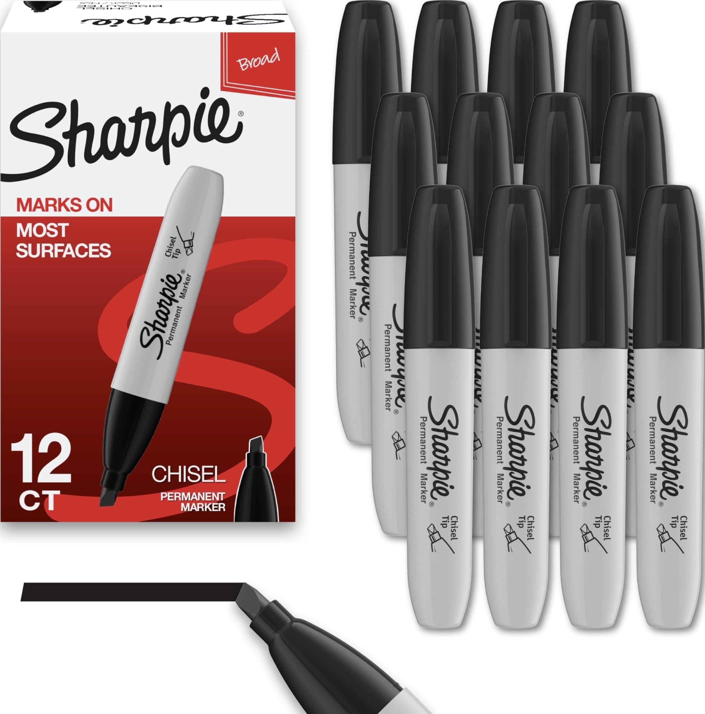 Sharpie Permanent Markers, Chisel Tip, Black, 12 Count - Home, School, Office Supplies