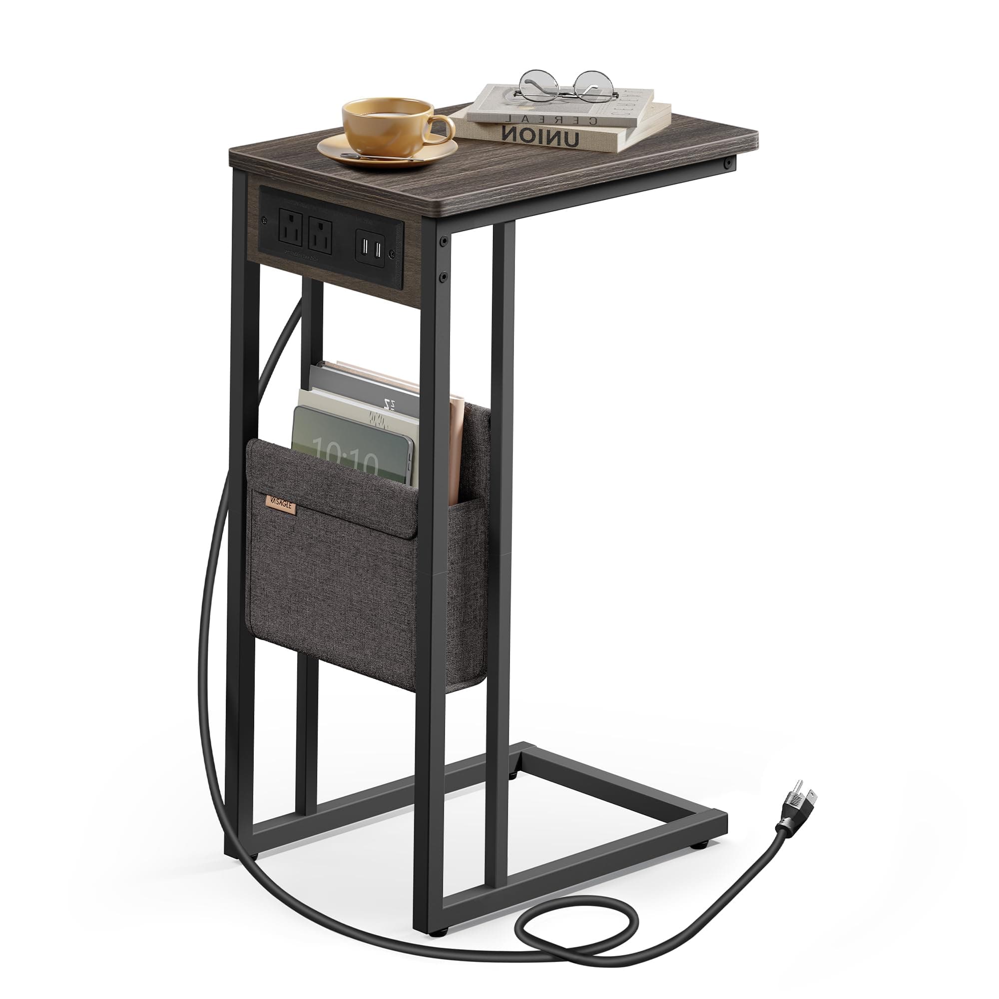 VASAGLE C-Shaped Side Table with Power Strip, Storage Bag, Adjustable Feet | End Table for Couch, Sofa, Bedroom, Living Room, Ash Brown, BARNET Collection ULET356K01
