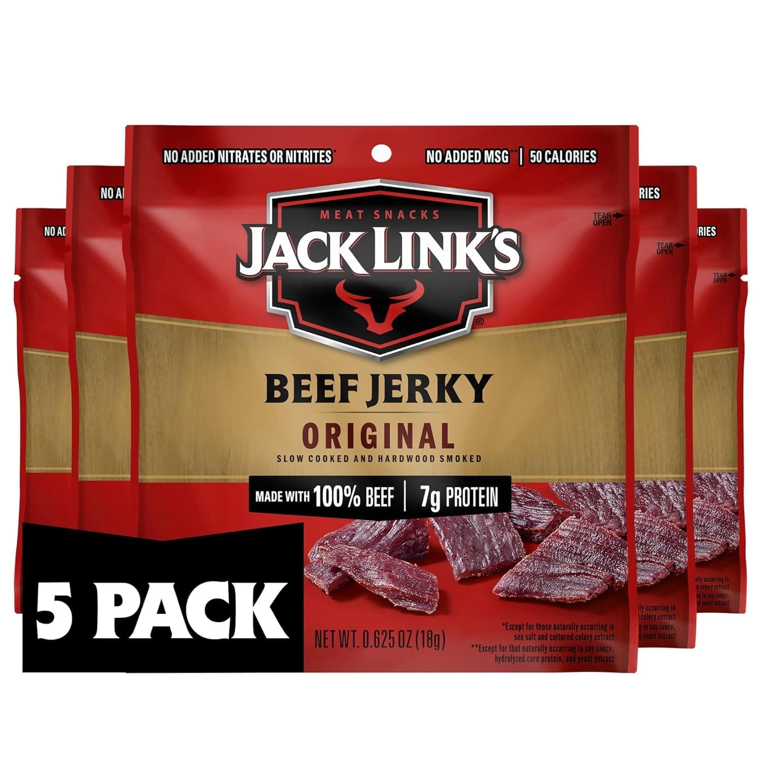 Jack Link's Original Beef Jerky Multipack - (5 Pack) 0.625 oz | Bags - Ready to Eat Real Meat Protein Snacks - 7g Protein per Serving - Made with 100% Real Beef