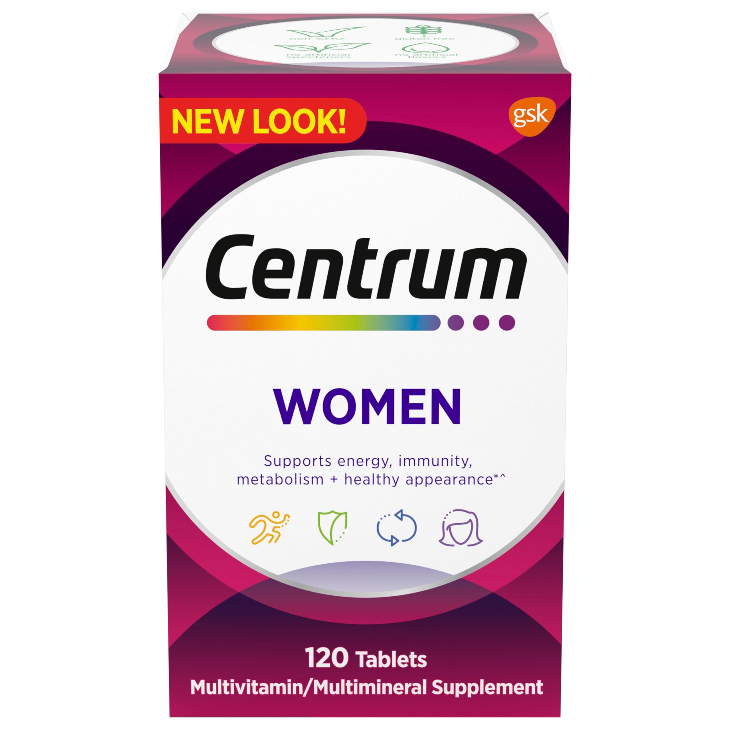 Centrum Multivitamin for Women 18 and Over, 120 Tablets | Contains Vitamin D3, B Vitamins and Antioxidant Vitamins C and E, Gluten Free, Non-GMO Ingredients, GLP-1 Support
