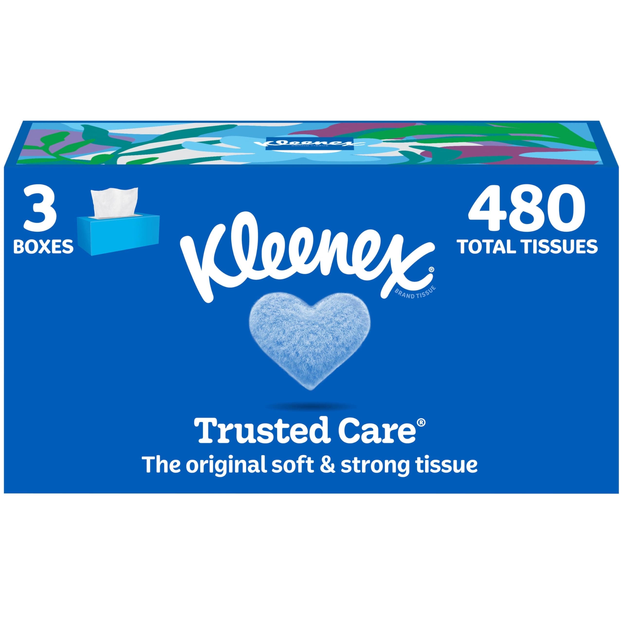 Kleenex Trusted Care Facial Tissues, 3 Flat Boxes, 160 Tissues per Box