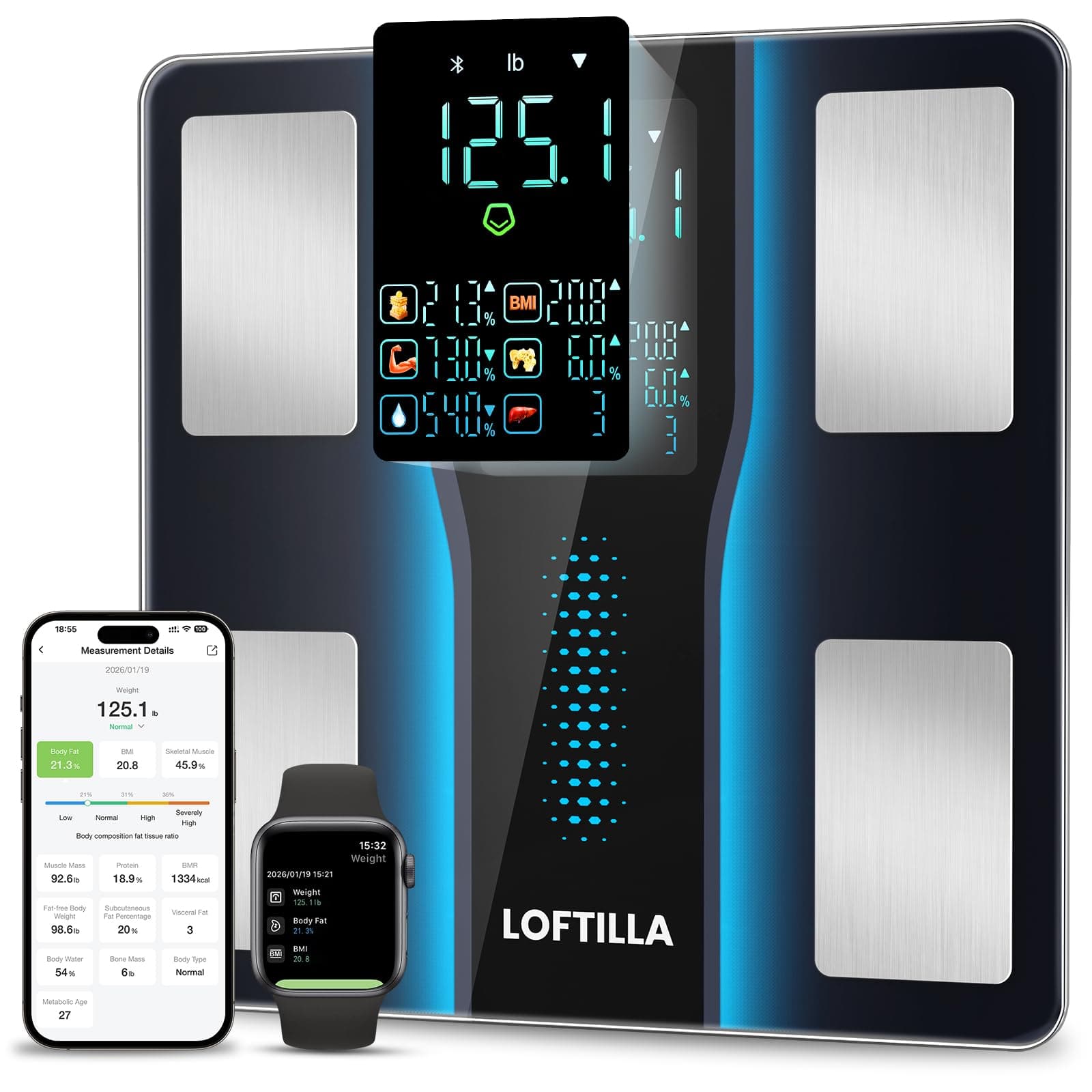 LOFTILLA Smart Scale with BMI, Body Fat, Muscle Mass, 8-in-1 Display | Digital Bathroom Weight Scale with 14 Body Composition Metrics, Bluetooth App Sync, for Home and Gym Use