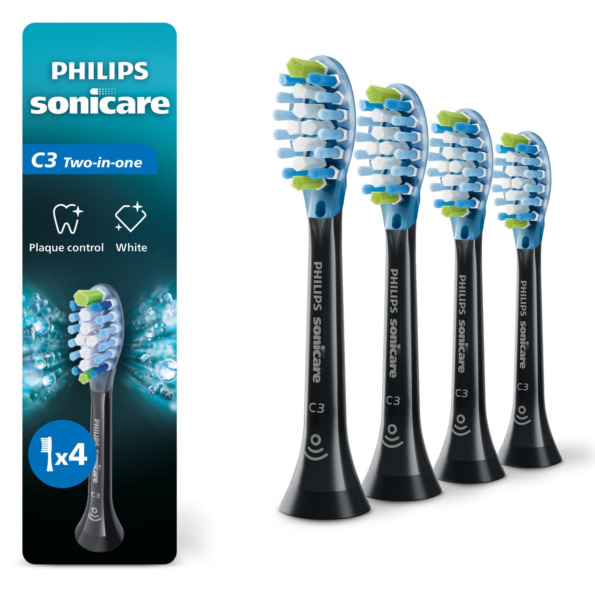Philips Sonicare C3 Two-in-One Brush Heads, 4-Pack, 1 Year Supply, Black | 1000% More Plaque Removal¹, 100% More Stain Removal², BrushSync Reminder, Up To 62,000 Bristle Movements Per Min, HX9044/95
