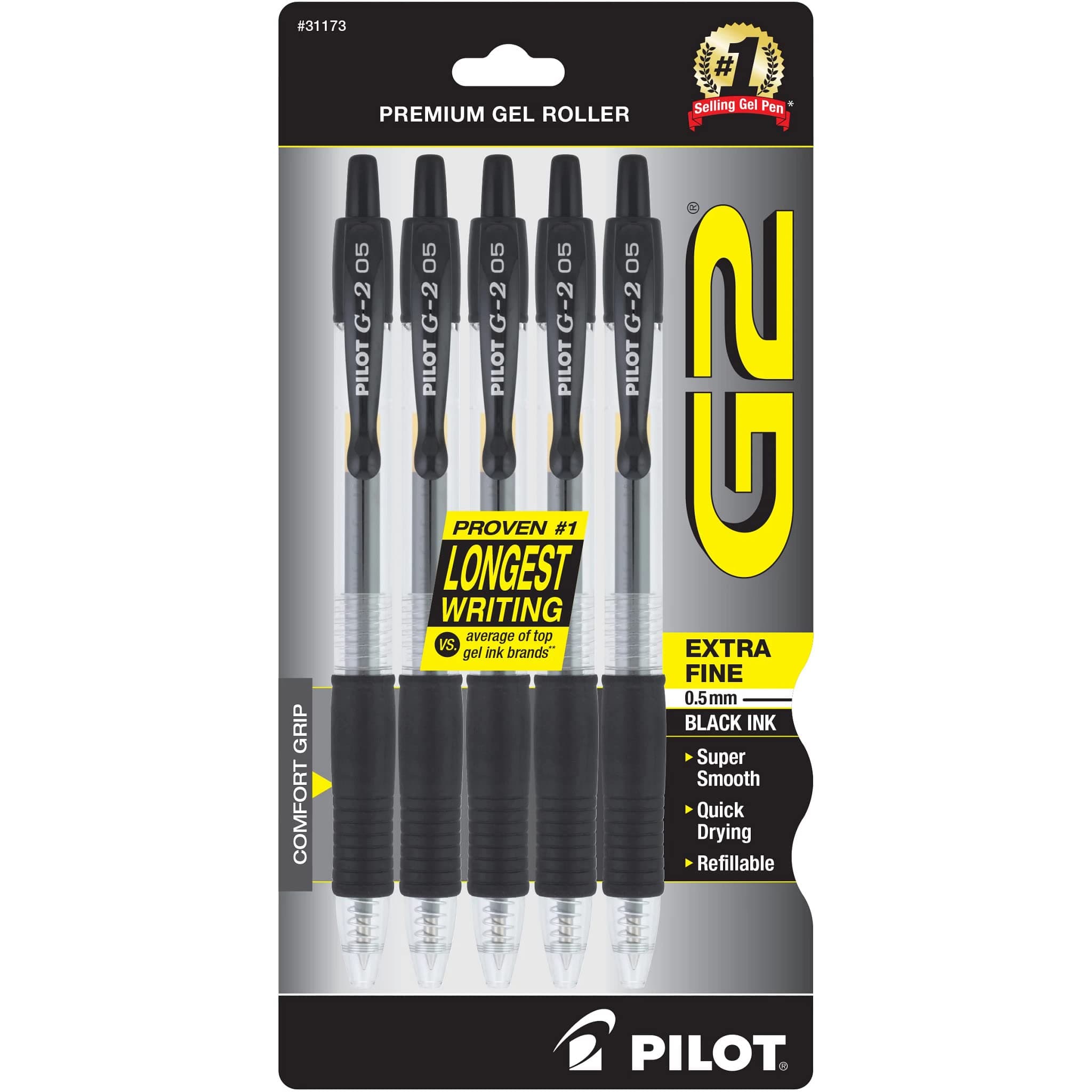 PILOT G2 Premium Gel Pens, Extra Fine Point 0.5mm, Black Ink, 5-Pack | Clean lines daily, crisp lines, refillable, extra fine point gel pens, black gel pens, quick drying, contoured rubber grip