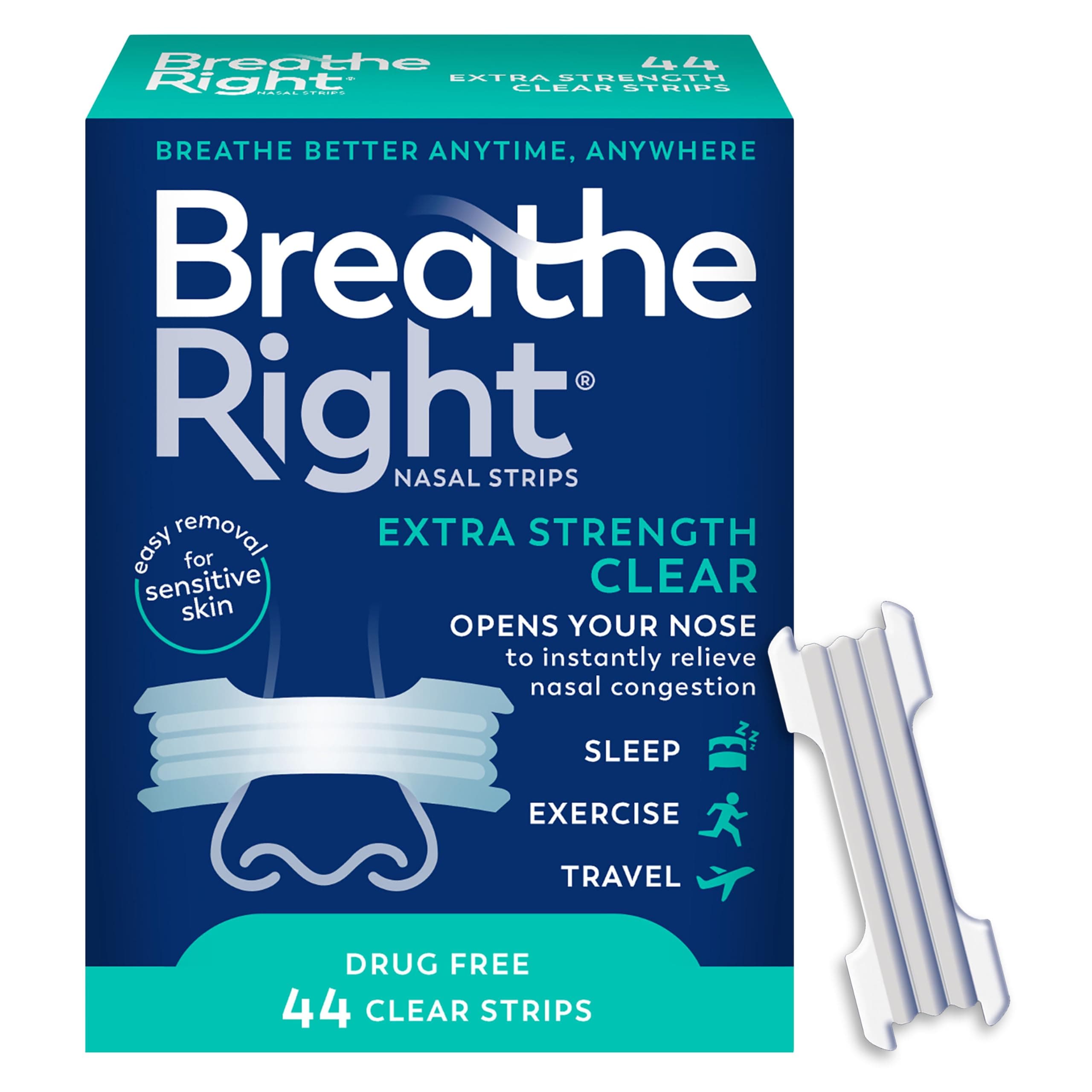 Breathe Right Nasal Strips, Extra Strength, Nasal Congestion, Clear, 44ct | Opens nose and increases nasal airflow, helps relieve nasal congestion for better breathing, drug-free, use anytime, anywhere