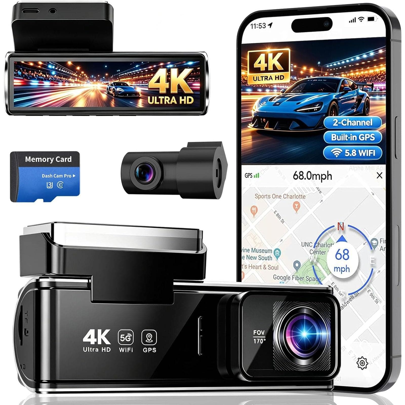 4K Dual Dash Cam Front and Rear,Night Vision,Free Card Included | 4K Front + FHD Rear Rcording, 5.8GHz WiFi, GPS, 3.5" IPS Screen, 170° Wide Angle, G-sensor ,24-Hr Parking Mode