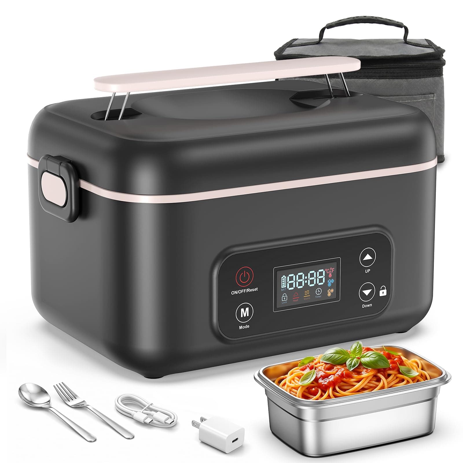 LIFEGETTER Cordless Electric Lunch Box, 24000mAh Rechargeable Food Warmer with 5-Sided Heating, 1.3L Portable Self Heating Lunch Box with Smart Timer & Lock Screen for Work, Car, Truck, Camping