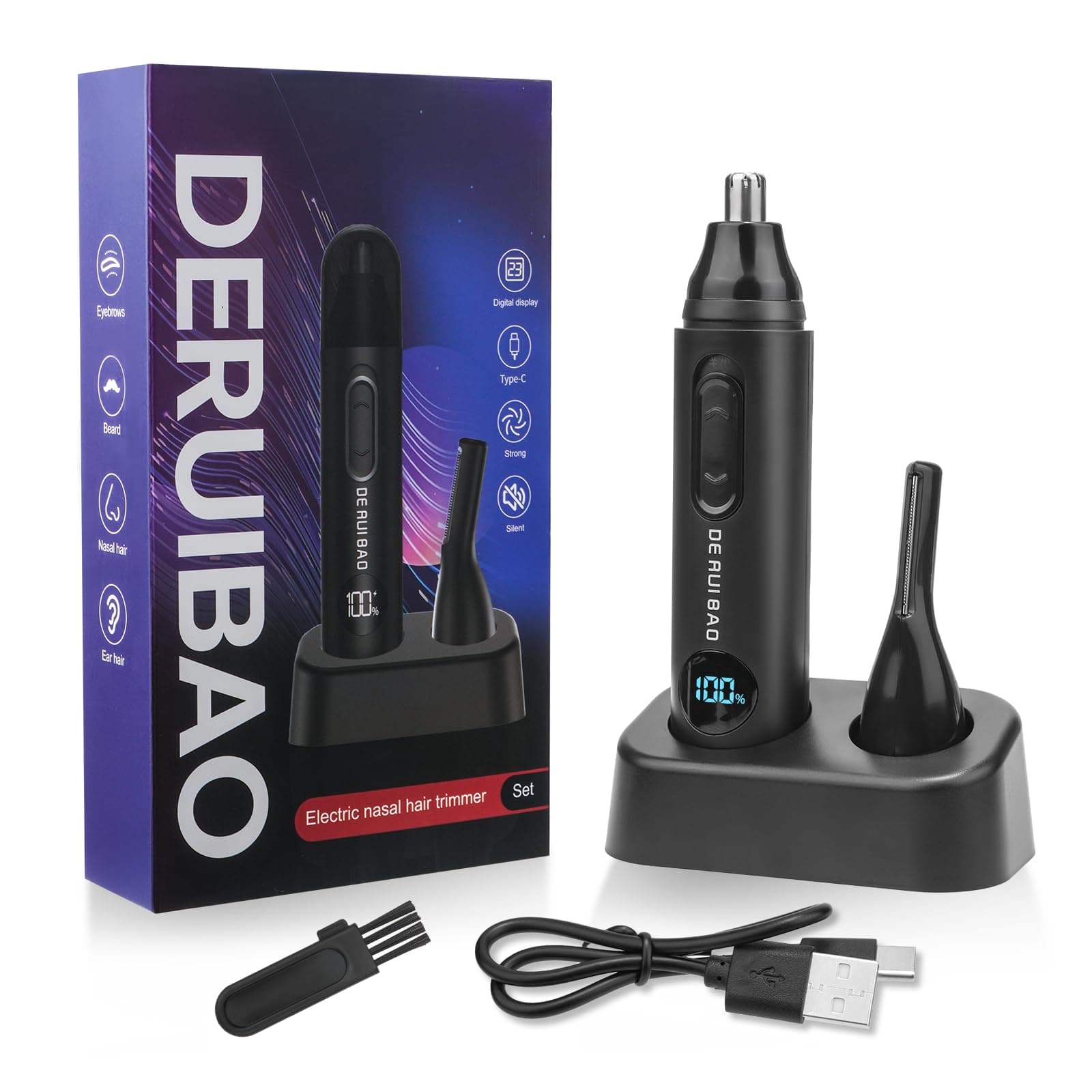 DERUIBAO 2-in-1 Professional Care Set, USB Rechargeable Nose and Ear Hair Trimmer, Beard & Eyebrow Shaver, Men's Personal Care Tool Body Hair Trimming Device Silent Trimming Digital Power Display