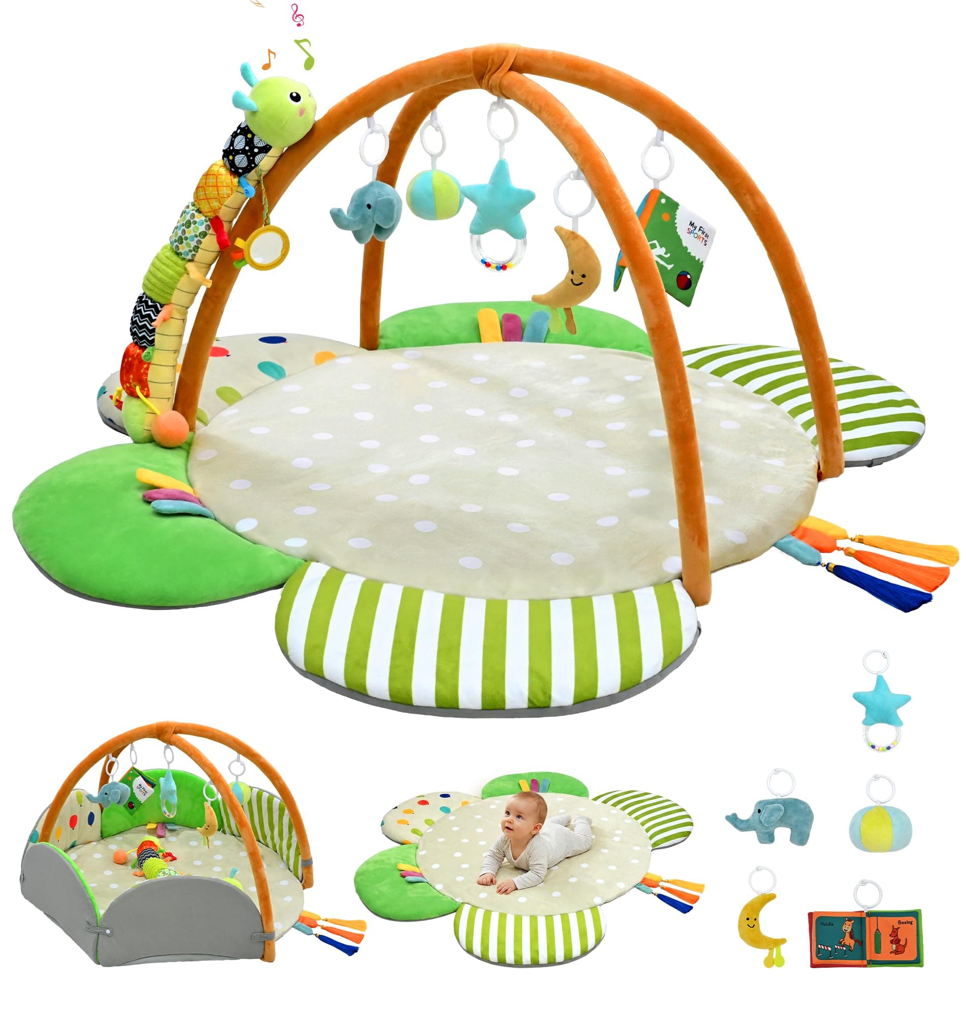 Kidmoze Baby Play Mat Tummy time mat Play mat for Babies | Musical plush caterpillar with 5 detachable toys, for babies 0 to 36 months. Boosts motor & sensory skills