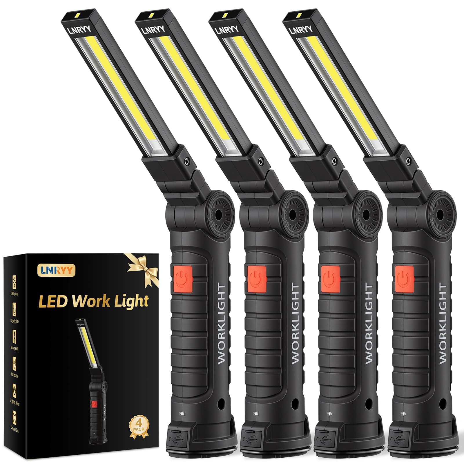 LNRYY 4Pack Rechargeable Magnetic LED Work Light/Flashlight for Mechanics | 360° Rotation, 5 Modes, Super Bright, Tail Hook, Compact, for Car Repairing, Emergency, Workshop, Garage, Gifts for Father
