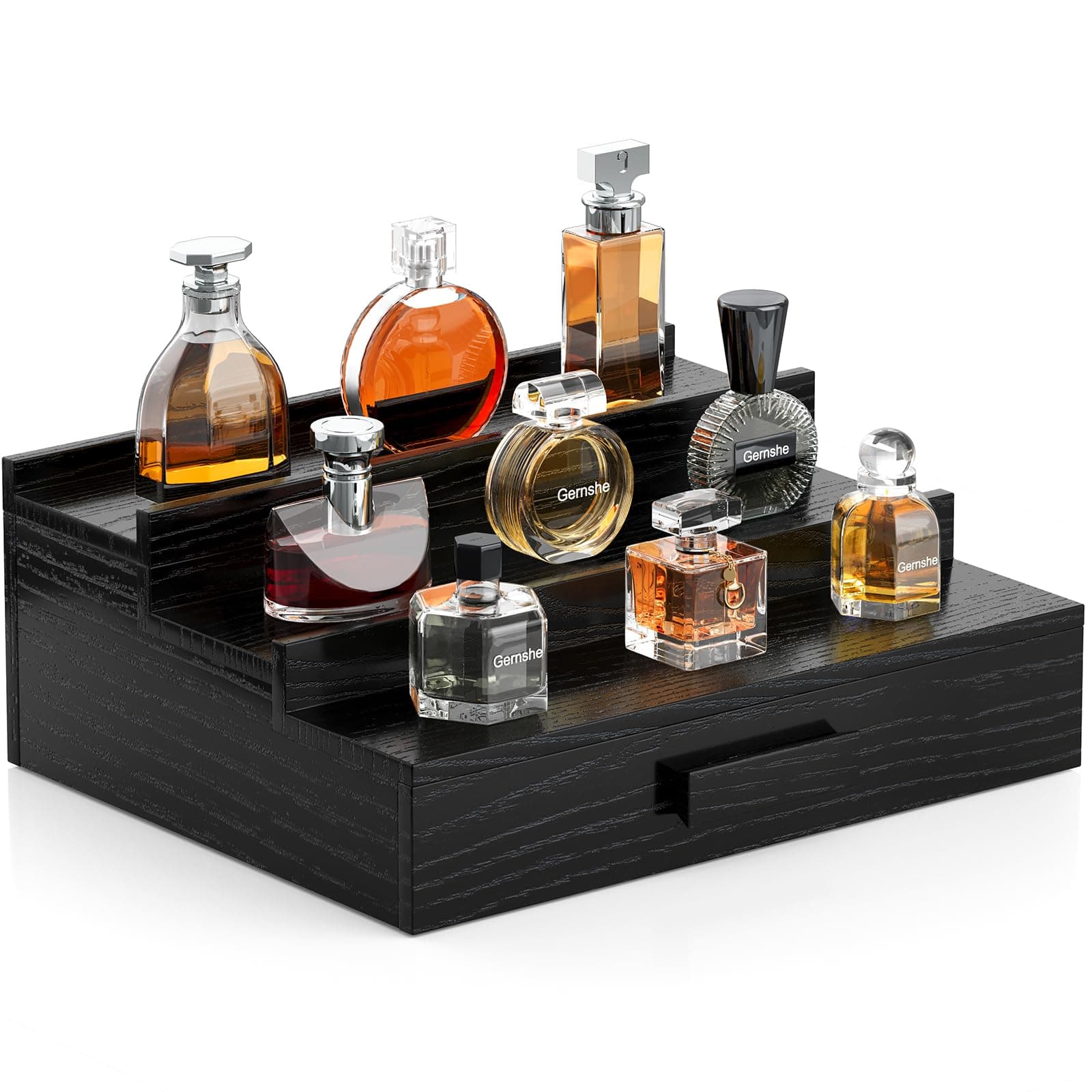 Gernshe Solid Walnut Cologne Organizer for Men,Cologne Stand,3 Tier Wooden Cologne Holder Shelf Display,Perfume Stand Organizer with Drawer and Hidden Compartment,Gift for Men Dad Husband,Black