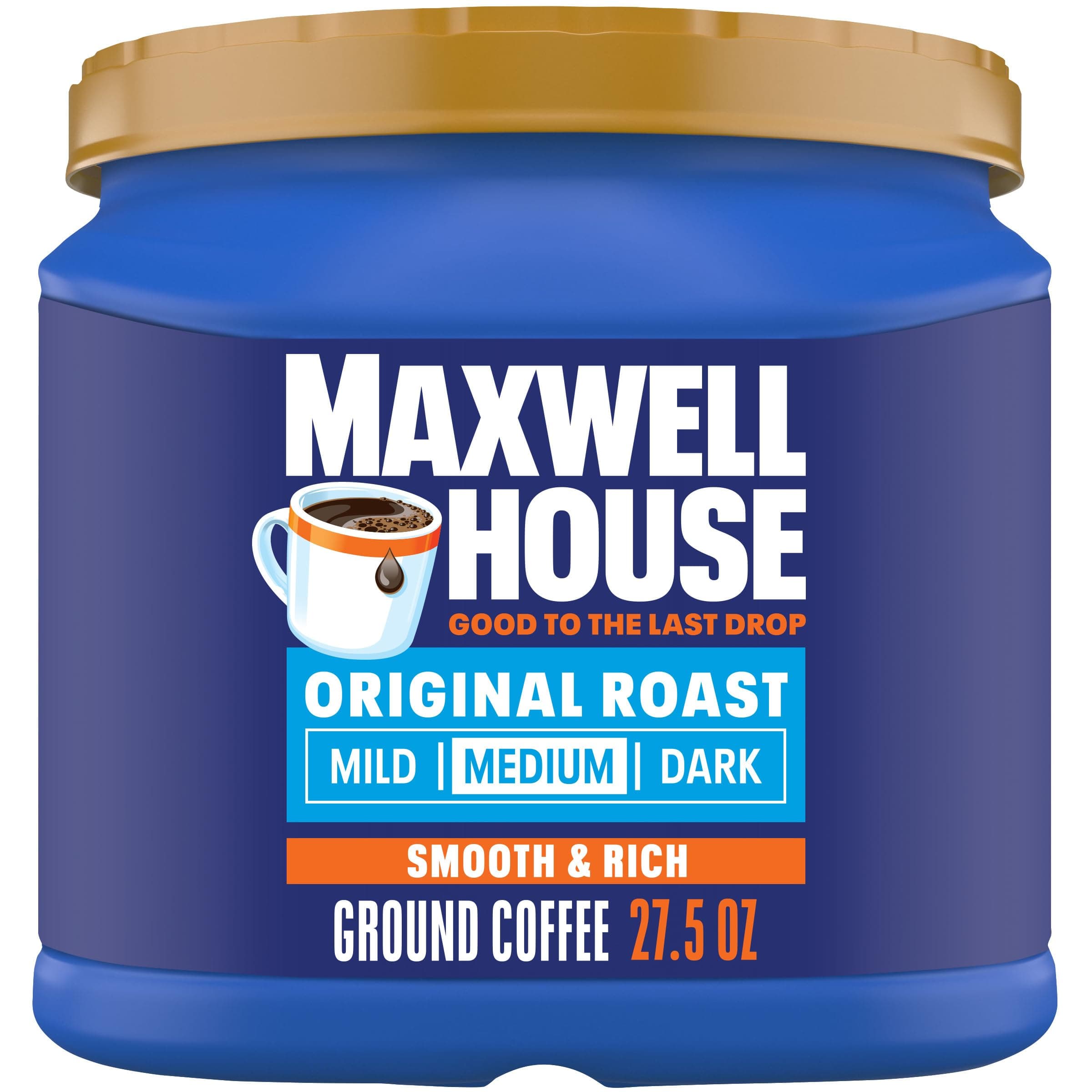 Maxwell House Ground Coffee, Original Roast, 27.5 oz Canister | Smooth & Rich Medium Roast Coffee, Full-Bodied Flavor, Rich Aroma, Roasted in the USA Since 1892, Certified Kosher