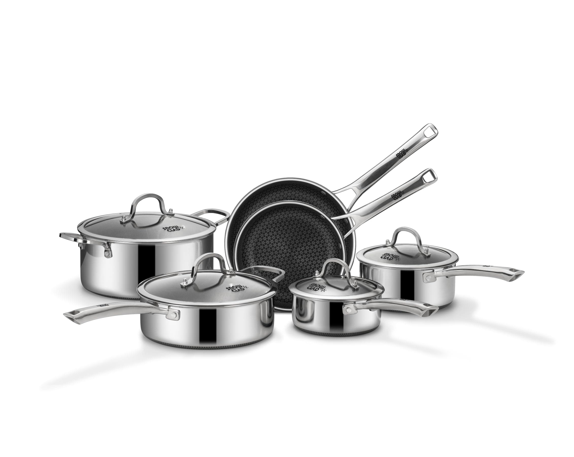 SNOWCLAD Pots and Pans Set Non Stick | Stainless Steel Kitchen Cookware | 10 Pcs | PFOA Free | Hybrid | Induction Compatible | Frying Skillet, Saucepans, Saute Pan & Stock Pot
