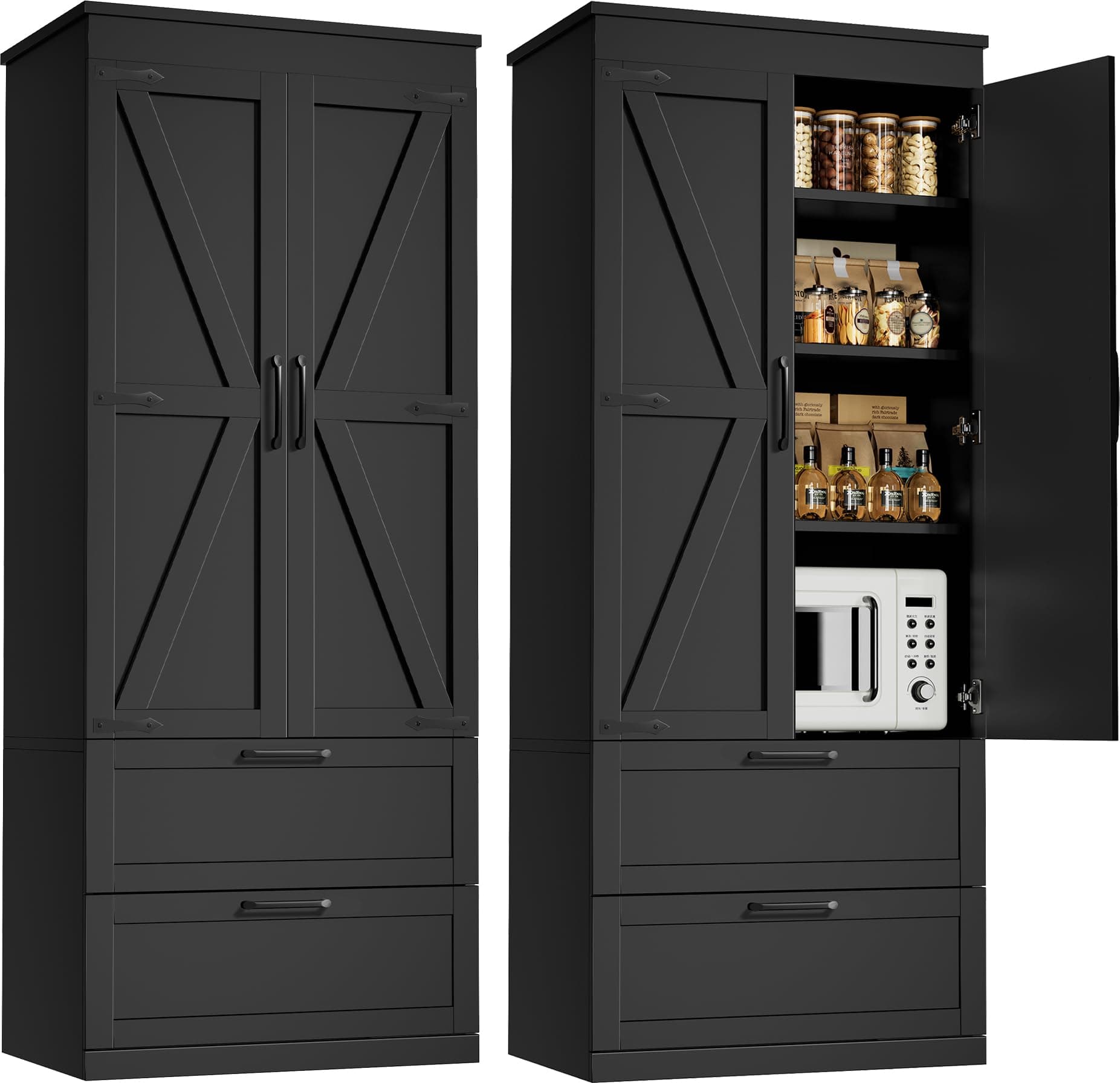 TEROL 71” H Kitchen Pantry Cabinet, 4-Tier Farmhouse Storage Cabinet with Barn Doors, 2 Drawers, Adjustable Shelf, Freestanding Cupboard for Kitchen, Bathroom, Living Room (Black)