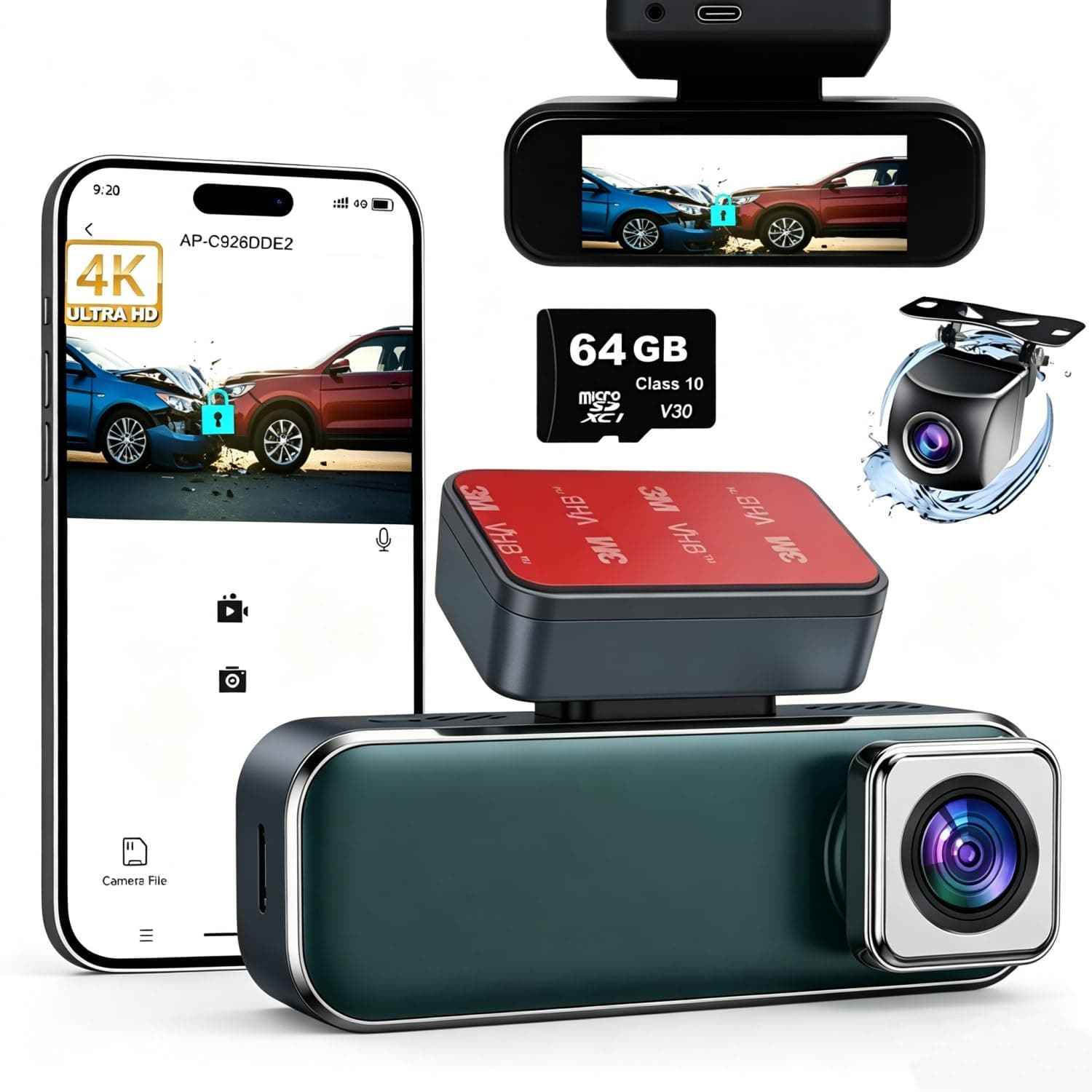 Wireless Dash Cam Front Rear, 4k+1080P Dash Camera for Cars with WiFi App | app control,camara para carro,64GB card, 3.19" IPS Screen, HDR, Night Vision, G-Sensor, Parking Mode, Loop Recording