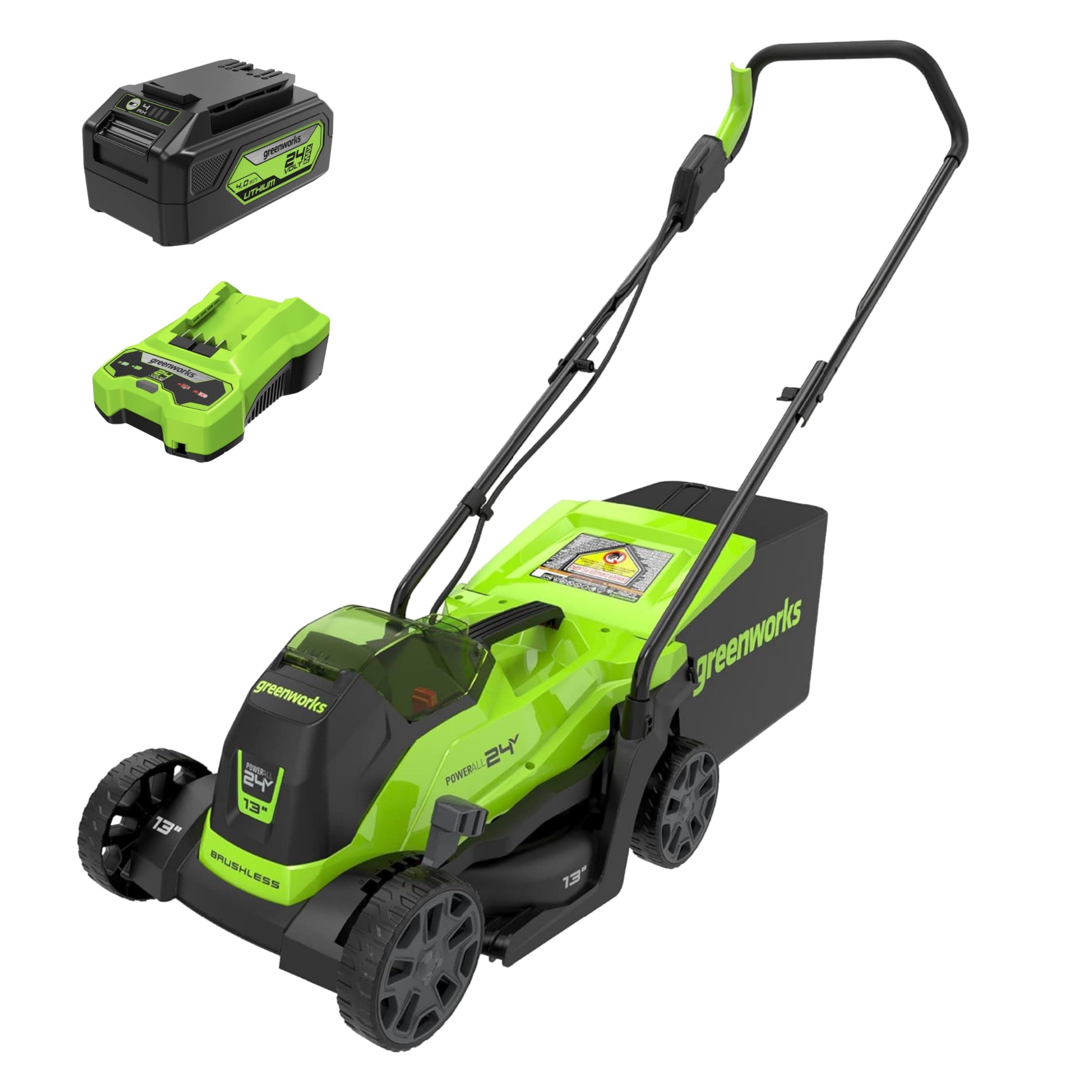 Greenworks 24V 13in Push Lawn Mower, 4.0 Ah Battery and Charger | Brushless motor with 2-in-1 mulch/bag system; maintenance-free and lightweight for easy home yard lawn care.