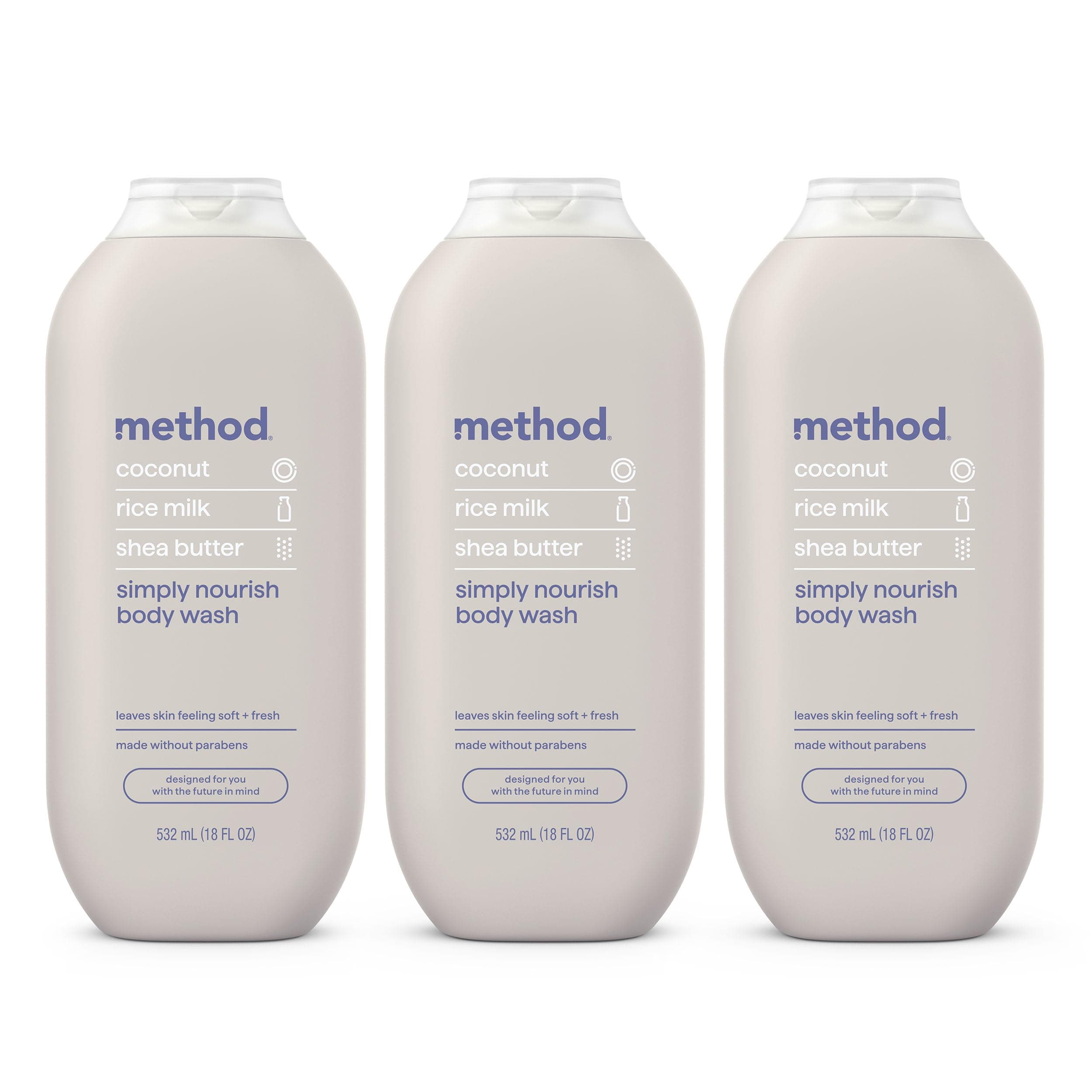 method Body Wash, Simply Nourish, 18 fl oz, 3 pack | Soothing Formula, Leaves Skin Feeling Soft & Moisturized, Made Without Parabens, Notes of Coconut, Rice Milk & Shea Butter