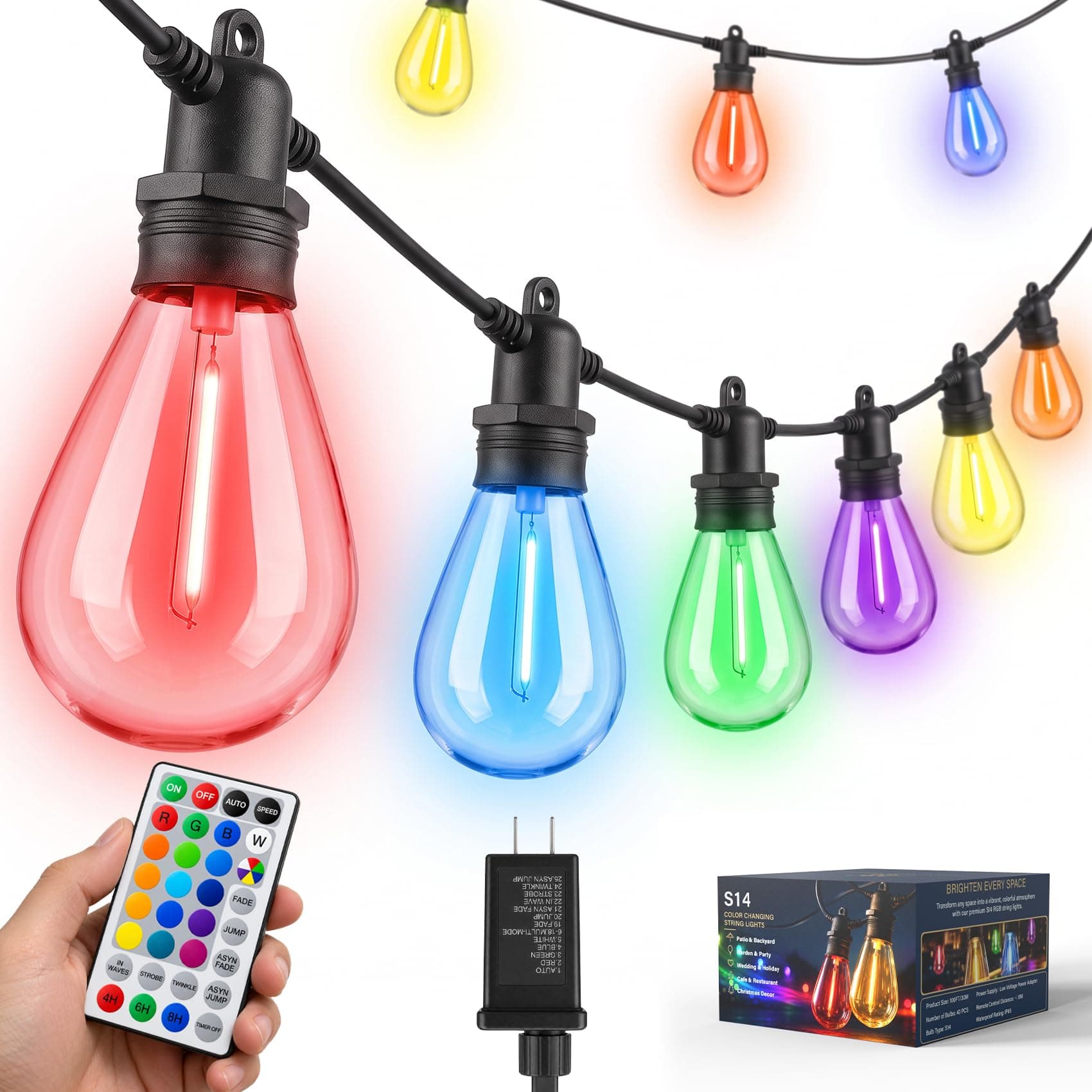 Tenmiro  Outdoor String Lights with Remote ,50ft RGB,20+1 LED Bulbs | Plastic S14 Shatterproof Bulbs,IP65 Waterproof Patio Lights for Christmas, Backyard, Garden,Bistro, Porch