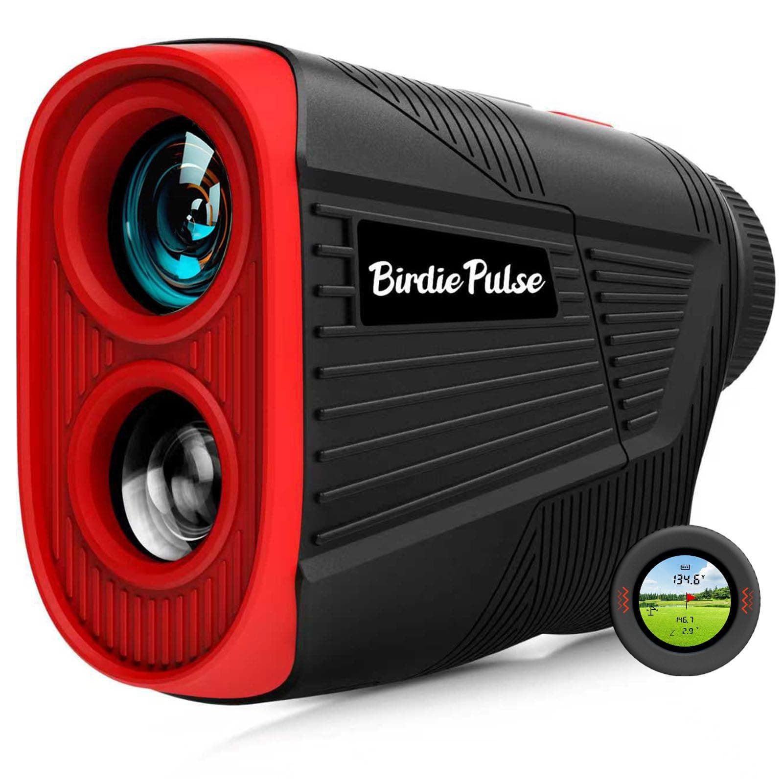 BirdiePulse Golf Rangefinder with Slope & Magnet，700 Yards Range Finder for Golf，Flag Locking Vibration，6-6.5X Magnification & HD LCD，Rechargeable，Black and Red