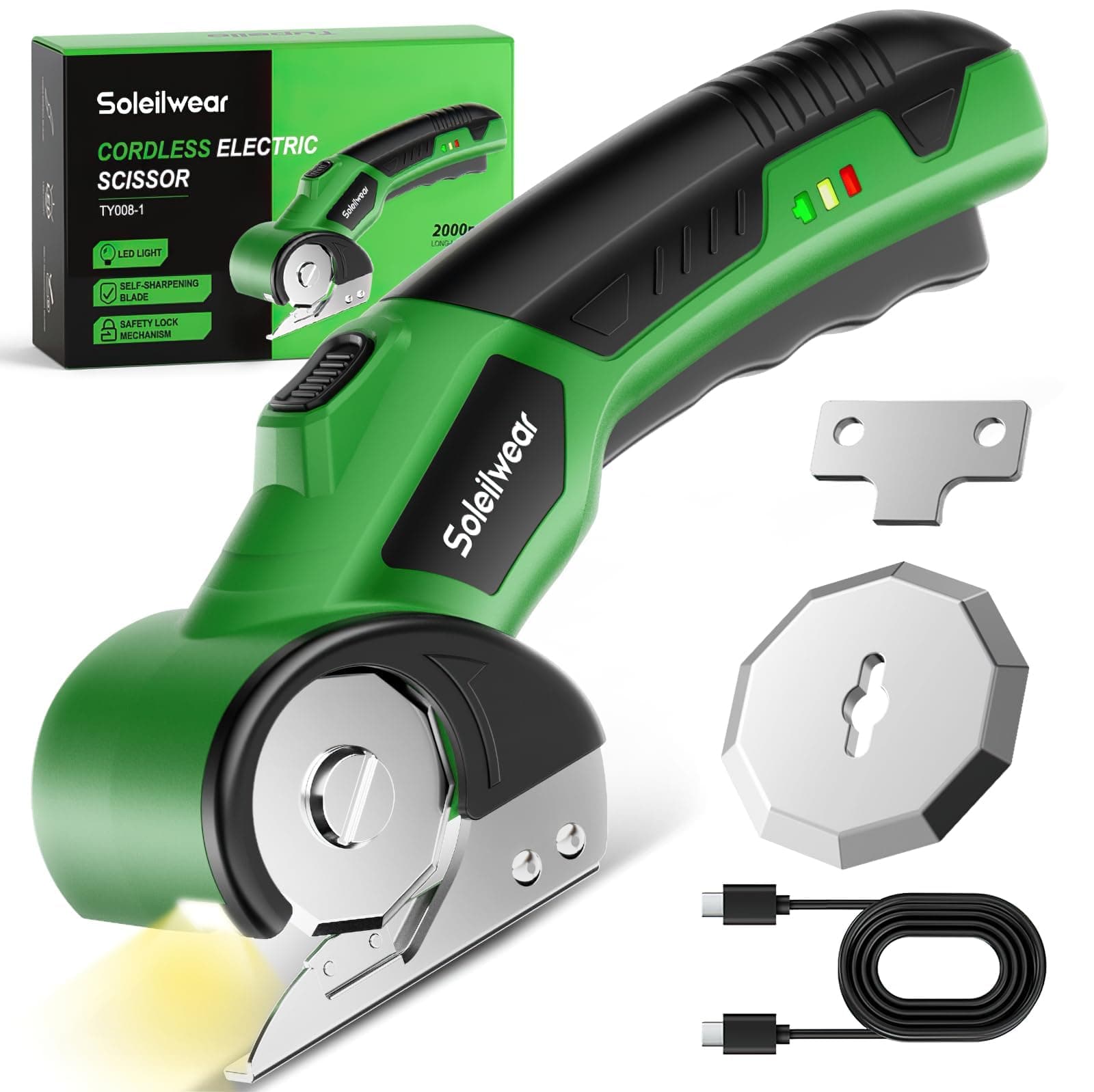 Cordless Electric Scissors, 4V Cardboard Cutter with 2 Blades, LED Light | Electric Box Cutter for Cardboard, Packaging & DIY | Up to 320RPM Cutting | 2000mAh Rechargeable Battery | Safety Lock