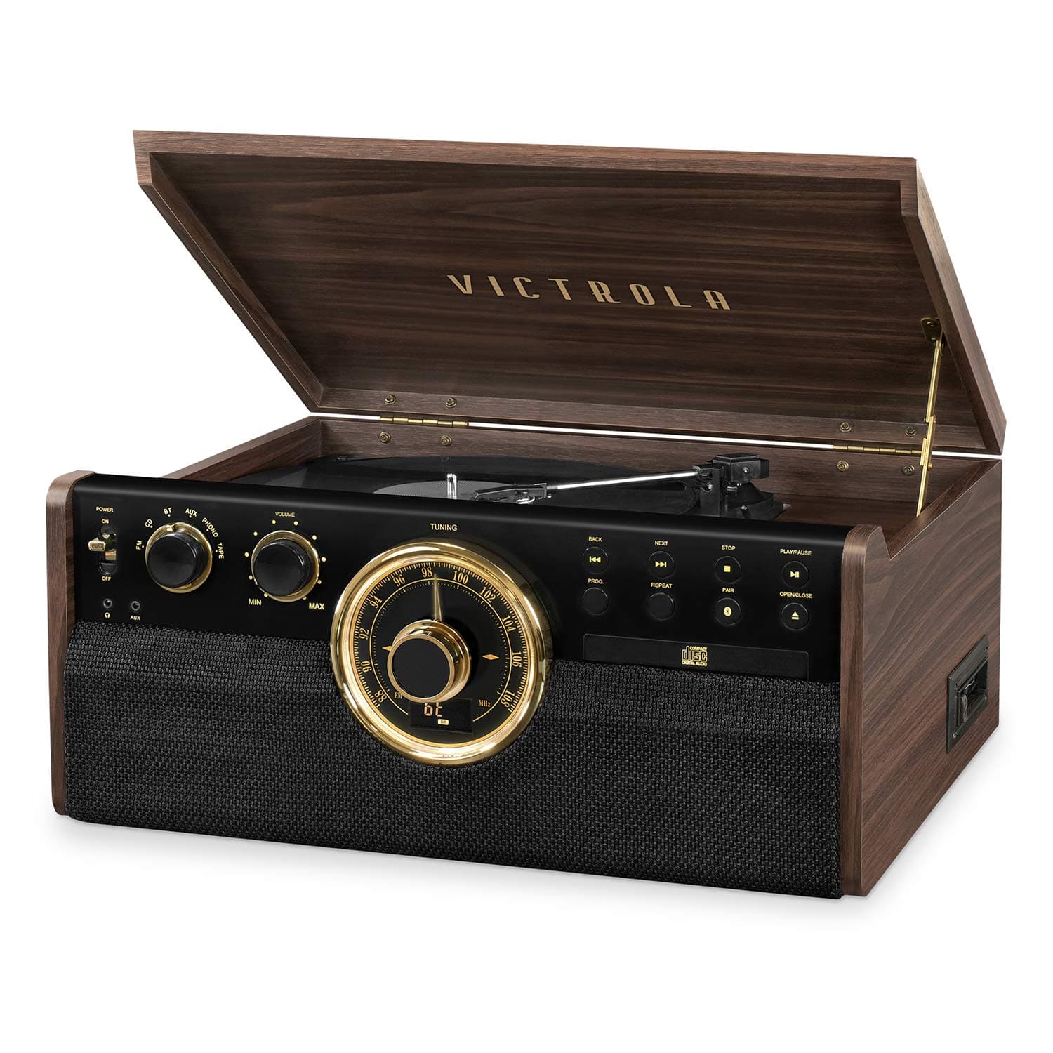 Victrola Empire - Wood 6-in-1 Bluetooth Record Player - Espresso | Mid-century wood music center plays vinyl, CD, cassette, FM radio and aux, built-in stereo speakers, RCA out, headphone jack