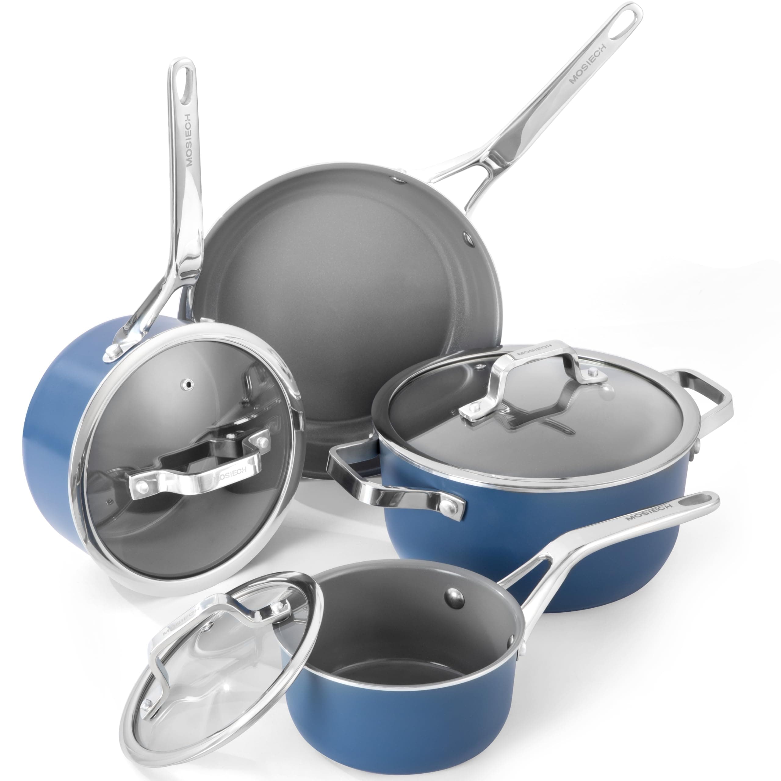 MOSIECH 7 Pc Essential Nonstick Ceramic Cookware Set, Blue Pots and Pans | PFAS-free,4 pots with 3 clear lids and stay-cool grips,480°F oven and dishwasher safe for couples & first apartments.